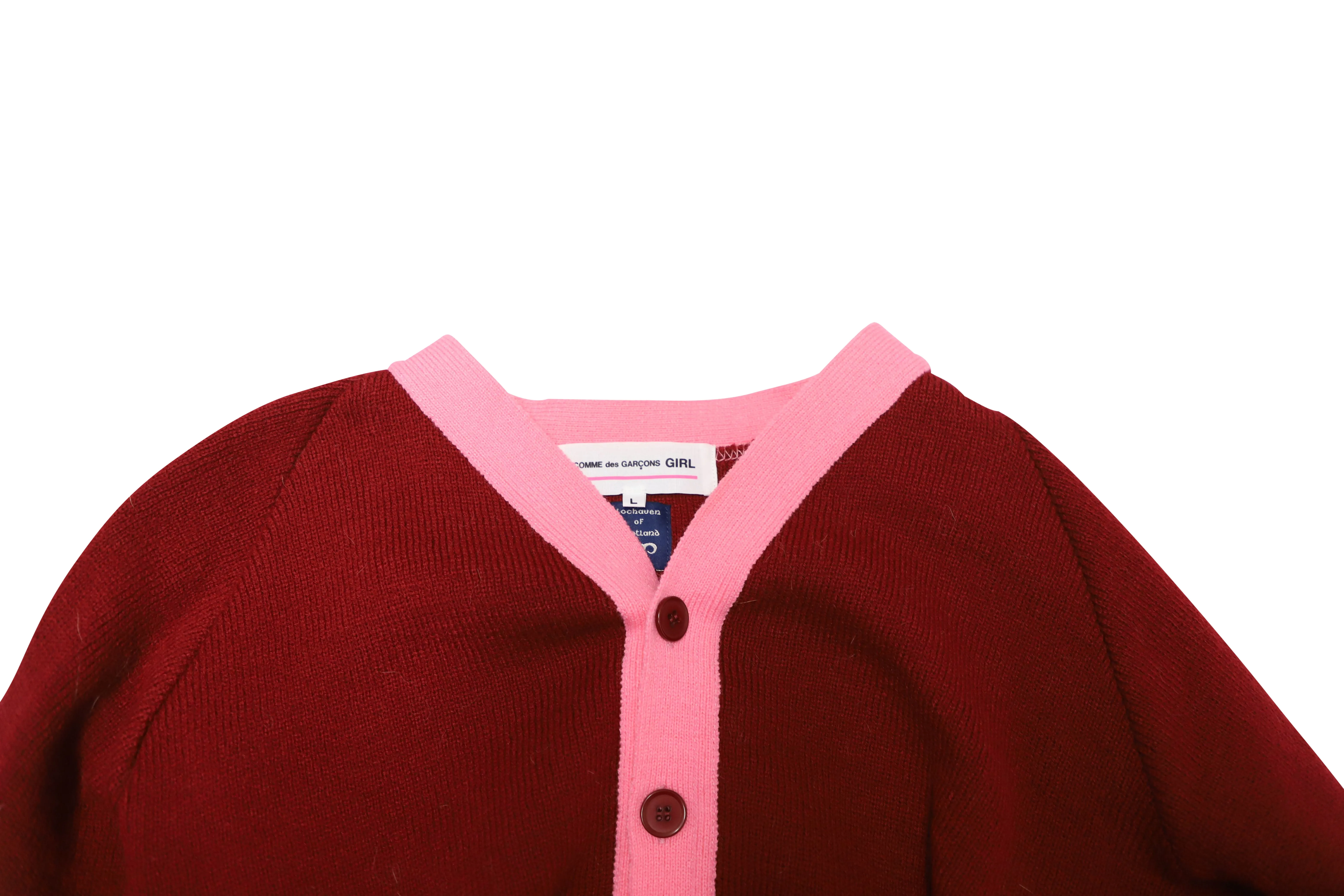 Comme des Garons Girl x Lochaven of Scotland Knit Cardigan in Red and Pink Acrylic