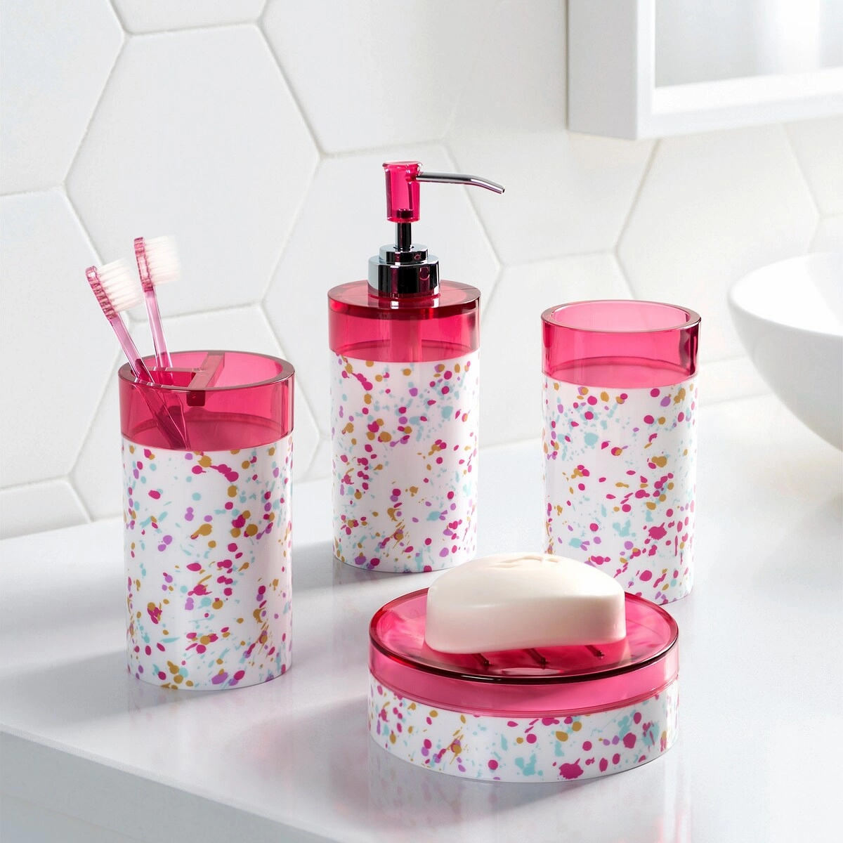 Confetti Pink Toothbrush Holder - 5.03'' x 2.75'' x 2.75''