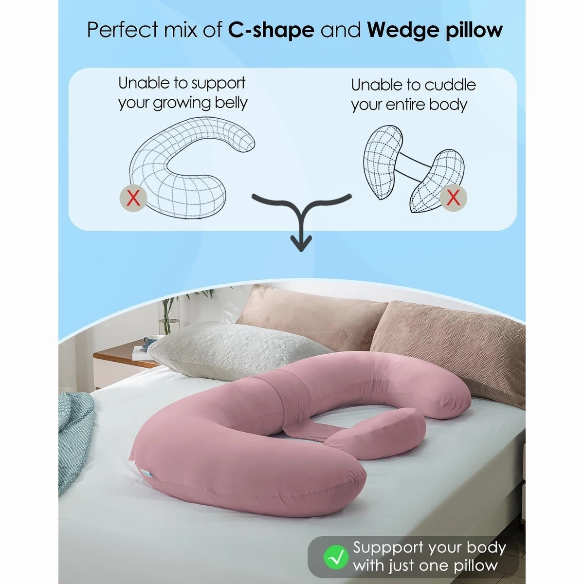 Cooling Pregnancy Pillows, E Shaped Maternity Pillow for Sleeping, with Extra Wedge Pillow for Belly Support, 60 Inch Full