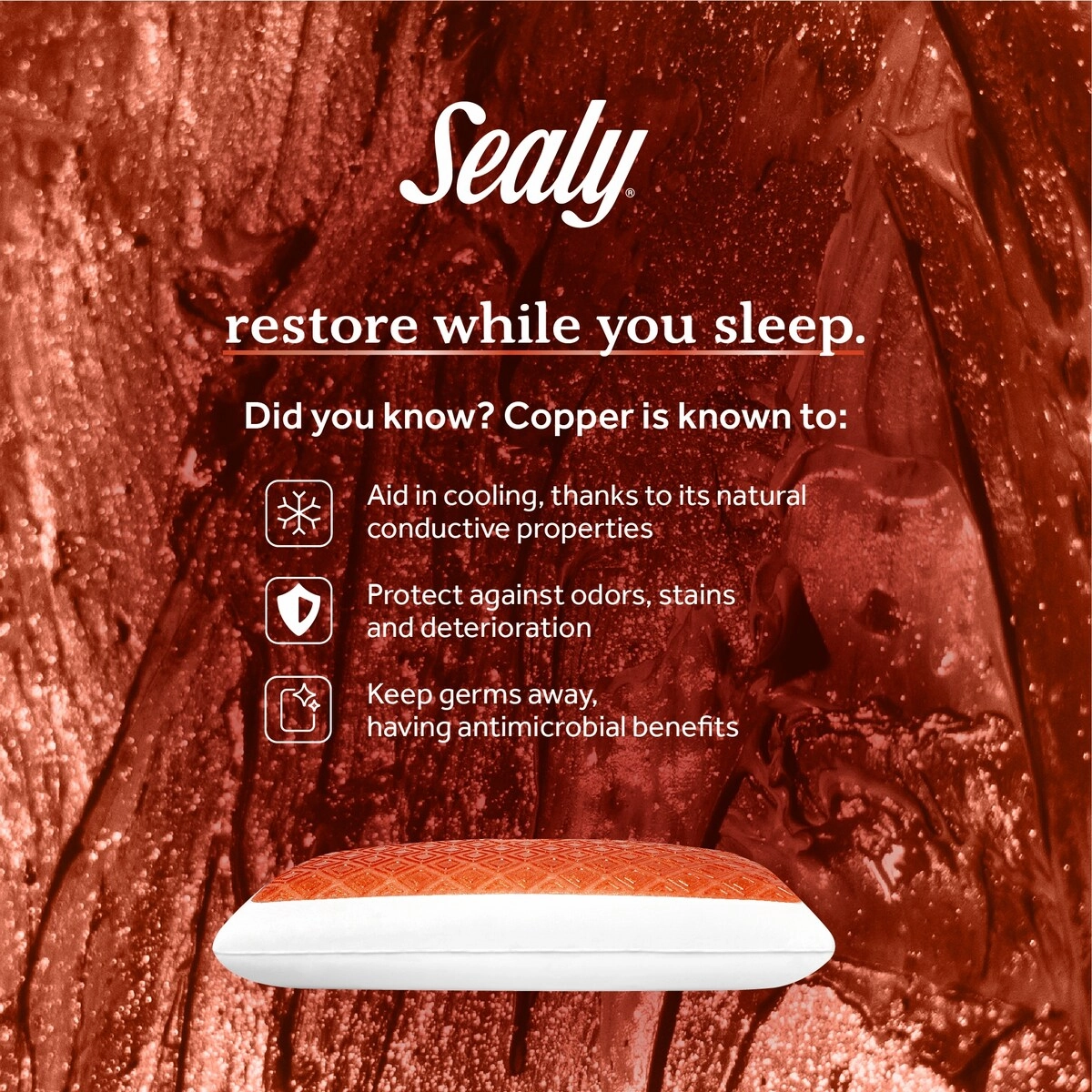 Copper SealyChill Gel Memory Foam Bed Pillow with Anti-Microbial Cover