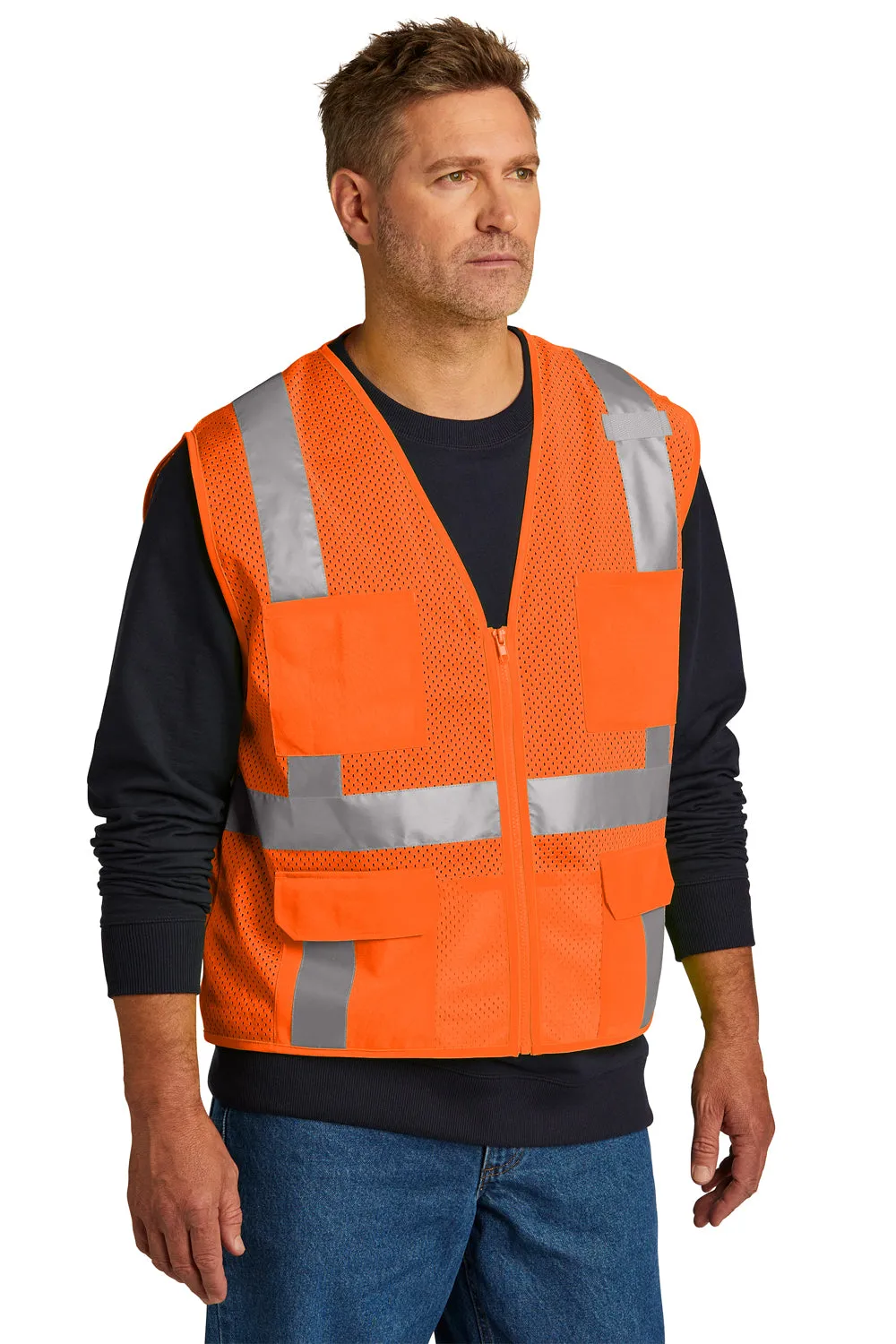 CornerStone Mens ANSI 107 Class 2 Mesh Zipper Vest w/ Pocket - Safety Orange  Cheaper Clothing Cornerstone
