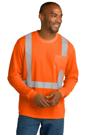 CornerStone Mens ANSI 107 Class 2 Moisture Wicking Long Sleeve Crewneck T-Shirt w/ Pocket - Safety Orange  Cheaper Clothing Cornerstone