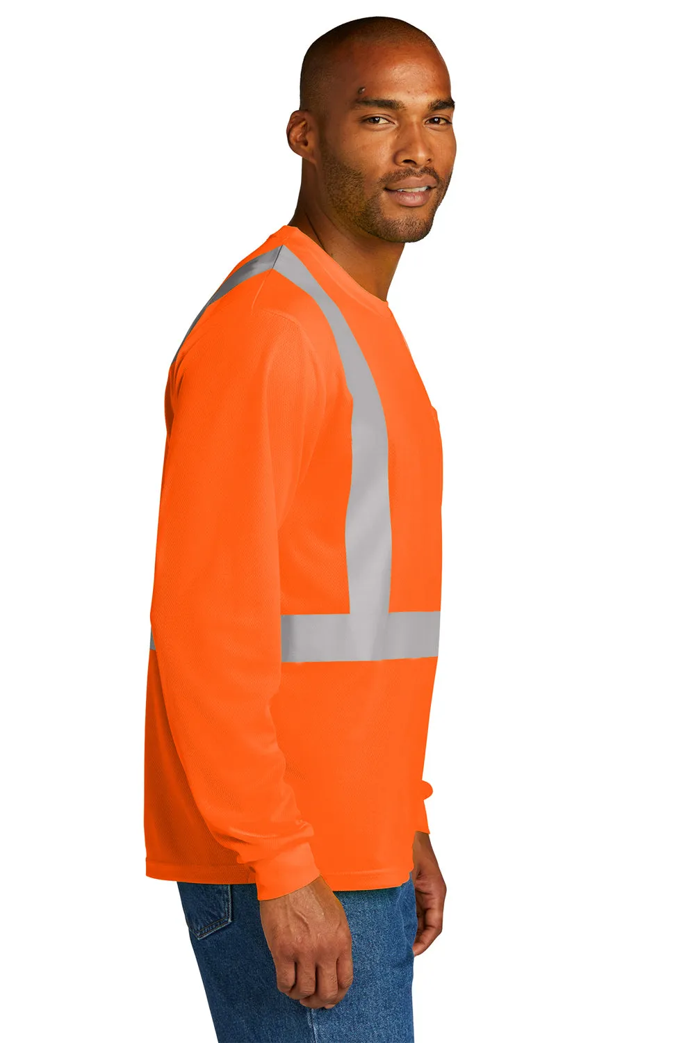 CornerStone Mens ANSI 107 Class 2 Moisture Wicking Long Sleeve Crewneck T-Shirt w/ Pocket - Safety Orange  Cheaper Clothing Cornerstone