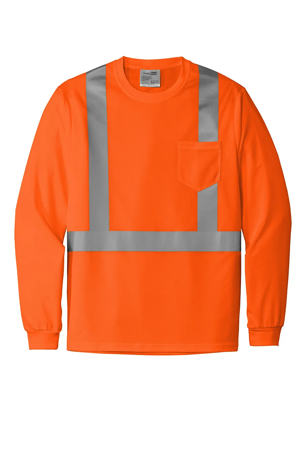 CornerStone Mens ANSI 107 Class 2 Moisture Wicking Long Sleeve Crewneck T-Shirt w/ Pocket - Safety Orange  Cheaper Clothing Cornerstone