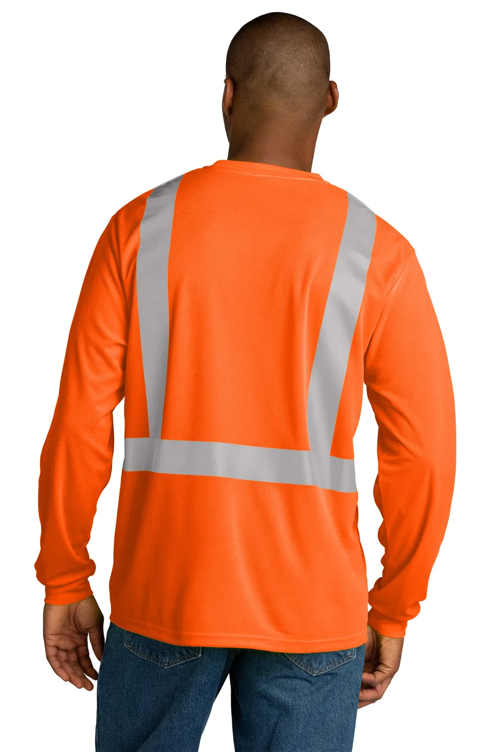CornerStone Mens ANSI 107 Class 2 Moisture Wicking Long Sleeve Crewneck T-Shirt w/ Pocket - Safety Orange  Cheaper Clothing Cornerstone