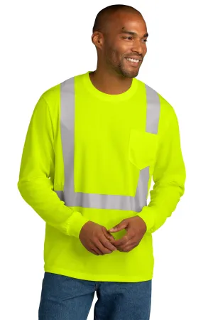 CornerStone Mens ANSI 107 Class 2 Moisture Wicking Long Sleeve Crewneck T-Shirt w/ Pocket - Safety Yellow  Cheaper Clothing Cornerstone