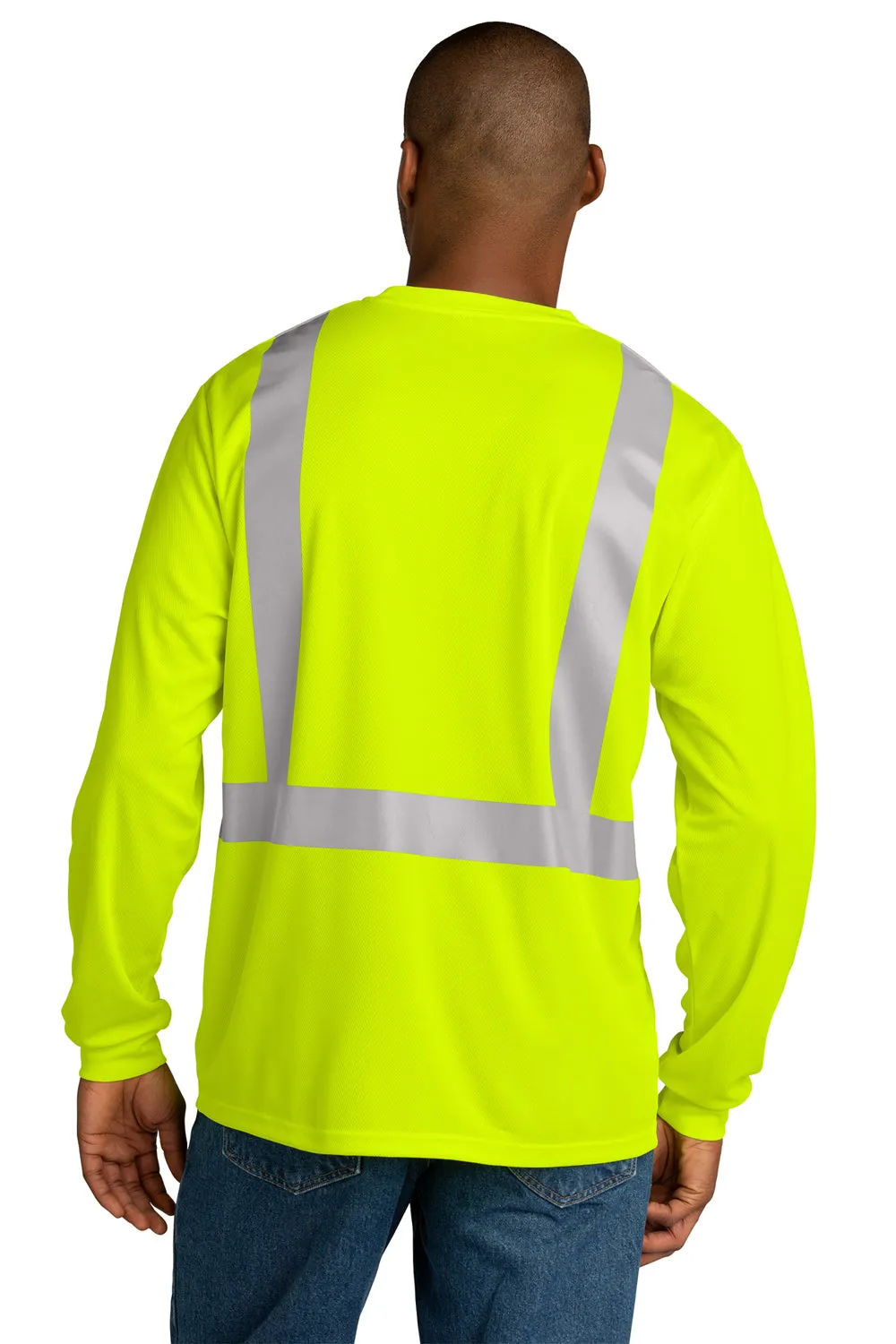 CornerStone Mens ANSI 107 Class 2 Moisture Wicking Long Sleeve Crewneck T-Shirt w/ Pocket - Safety Yellow  Cheaper Clothing Cornerstone