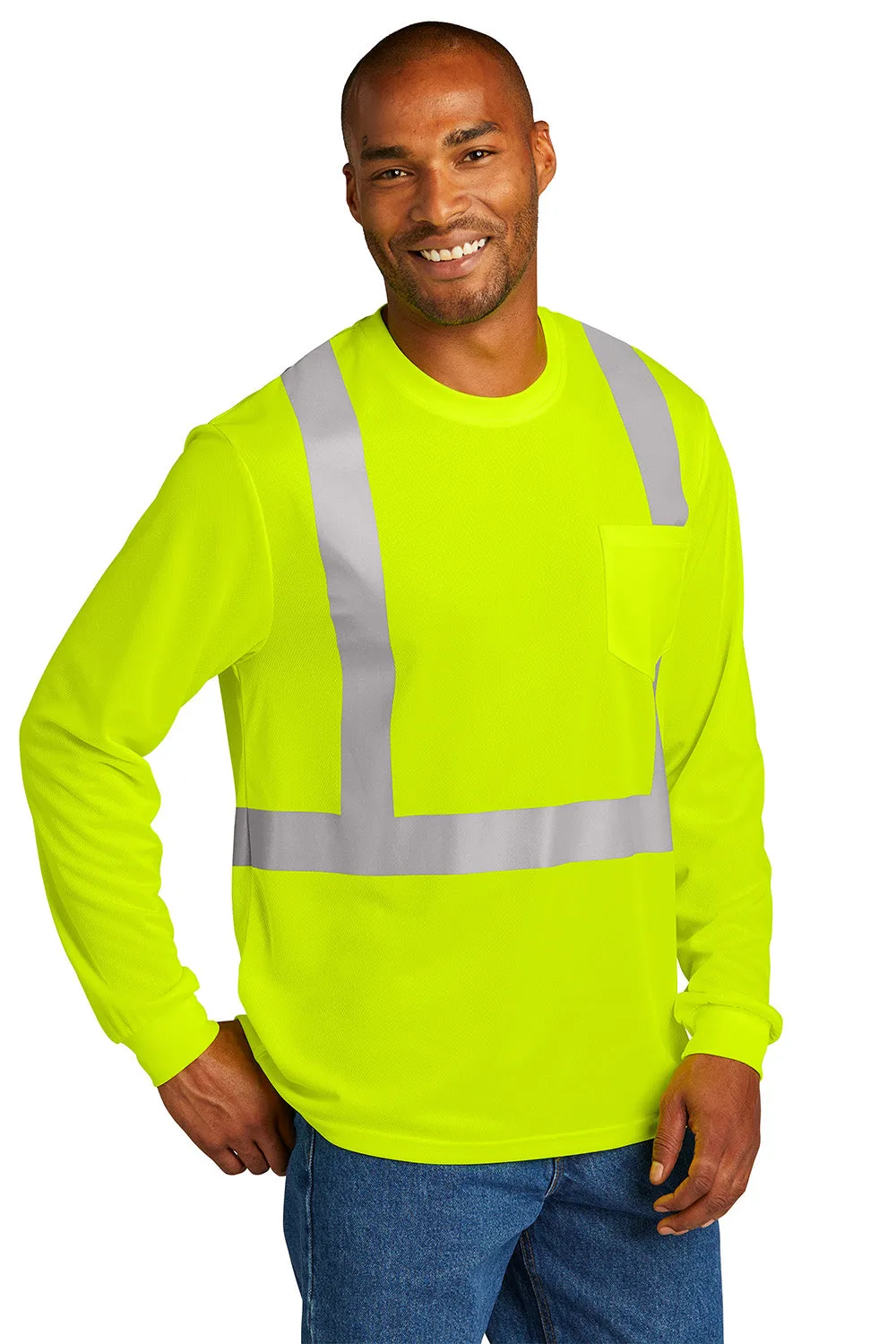 CornerStone Mens ANSI 107 Class 2 Moisture Wicking Long Sleeve Crewneck T-Shirt w/ Pocket - Safety Yellow  Cheaper Clothing Cornerstone