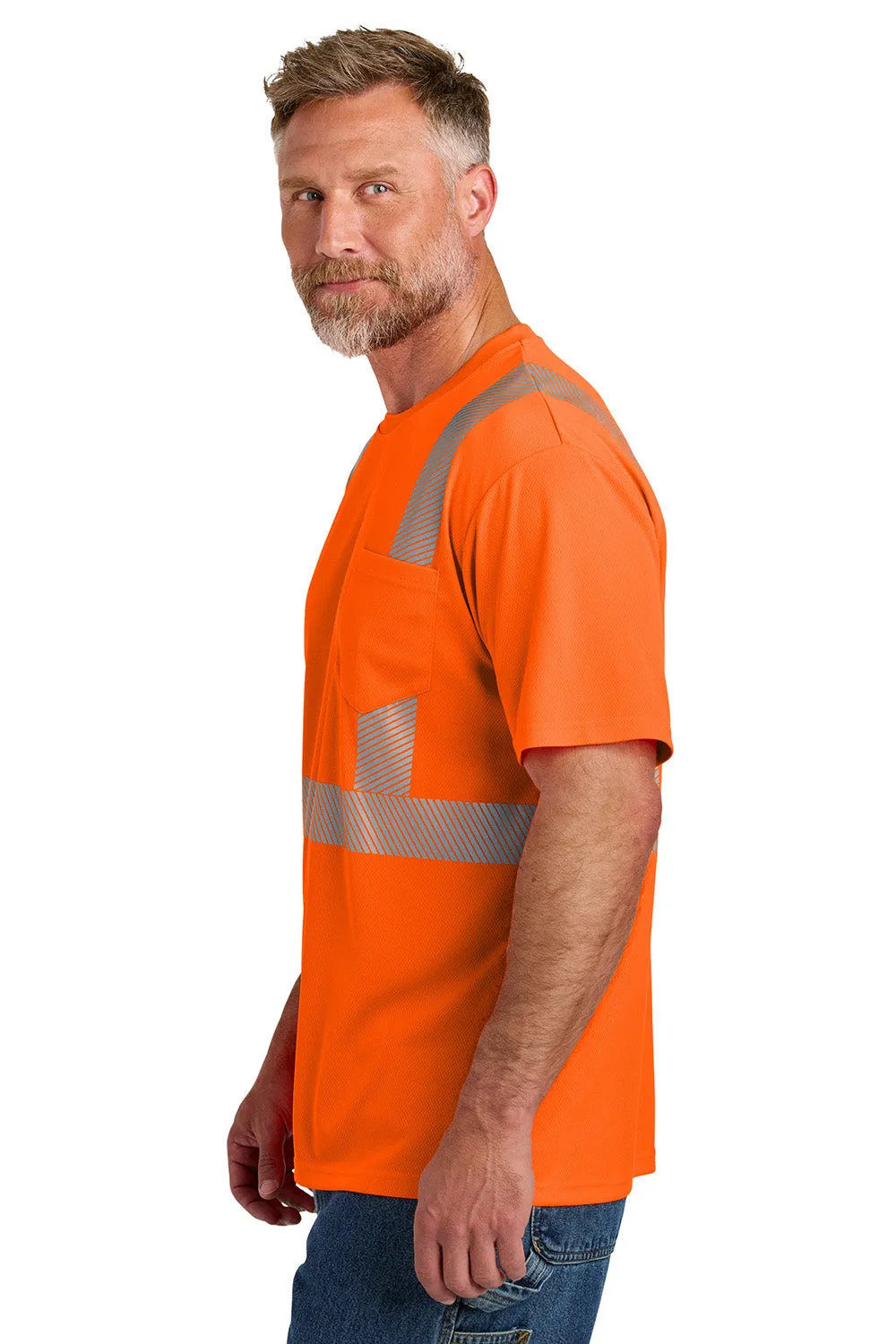 CornerStone Mens ANSI 107 Class 2 Moisture Wicking Short Sleeve Crewneck T-Shirt w/ Pocket - Safety Orange  Cheaper Clothing Cornerstone