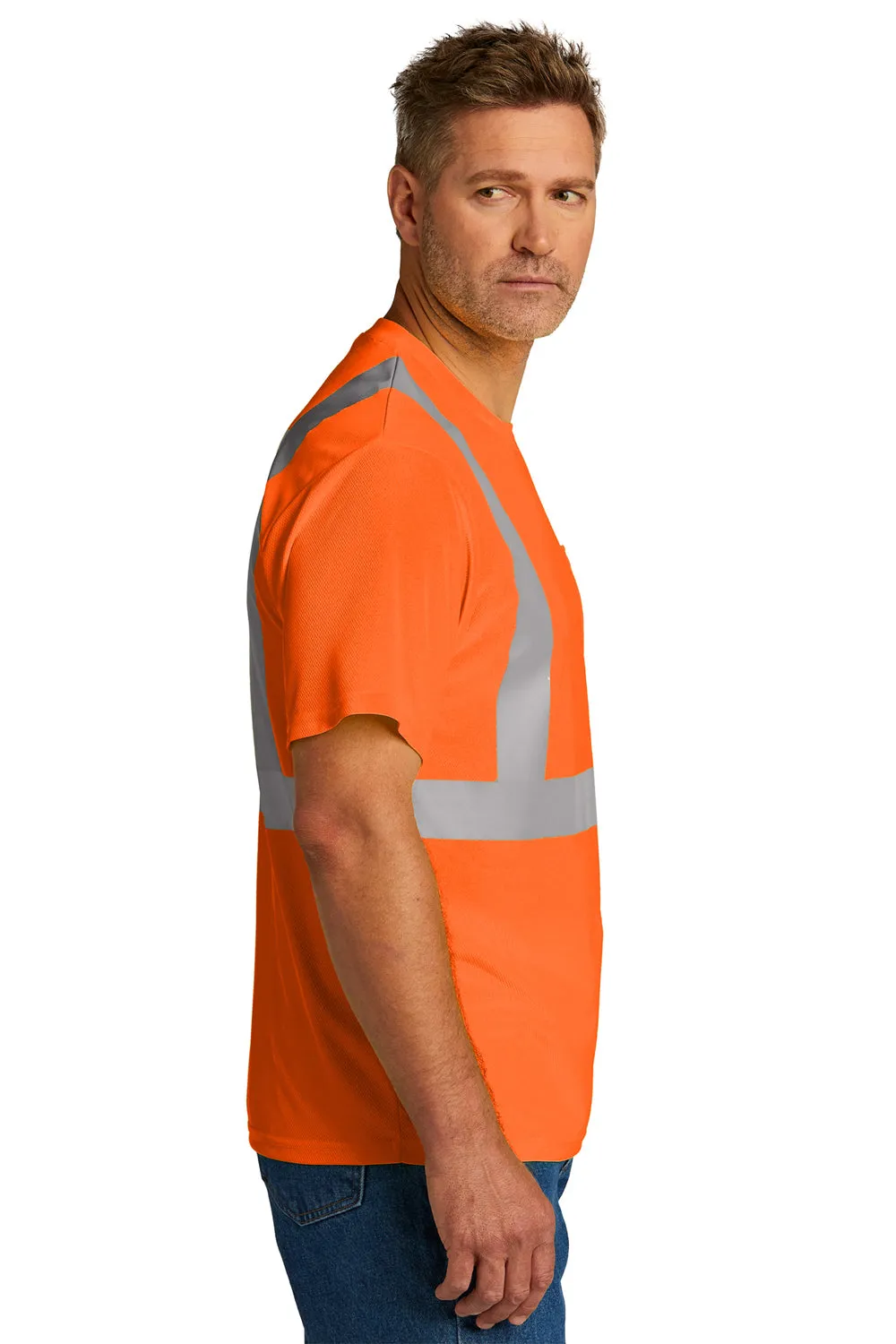 CornerStone Mens ANSI 107 Class 2 Moisture Wicking Short Sleeve Crewneck T-Shirt w/ Pocket - Safety Orange  Cheaper Clothing Cornerstone