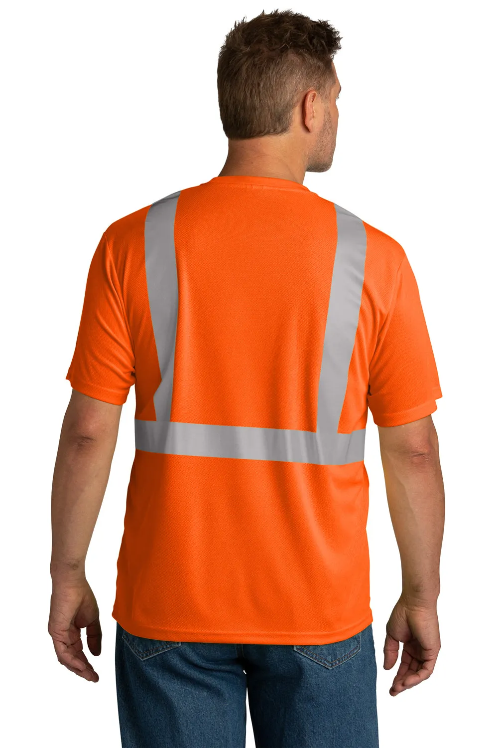 CornerStone Mens ANSI 107 Class 2 Moisture Wicking Short Sleeve Crewneck T-Shirt w/ Pocket - Safety Orange  Cheaper Clothing Cornerstone