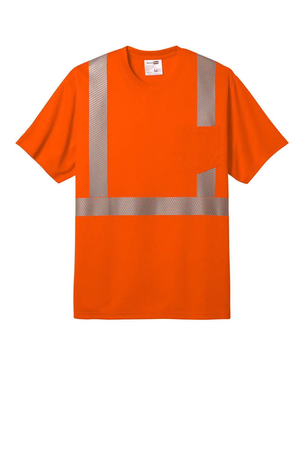 CornerStone Mens ANSI 107 Class 2 Moisture Wicking Short Sleeve Crewneck T-Shirt w/ Pocket - Safety Orange  Cheaper Clothing Cornerstone