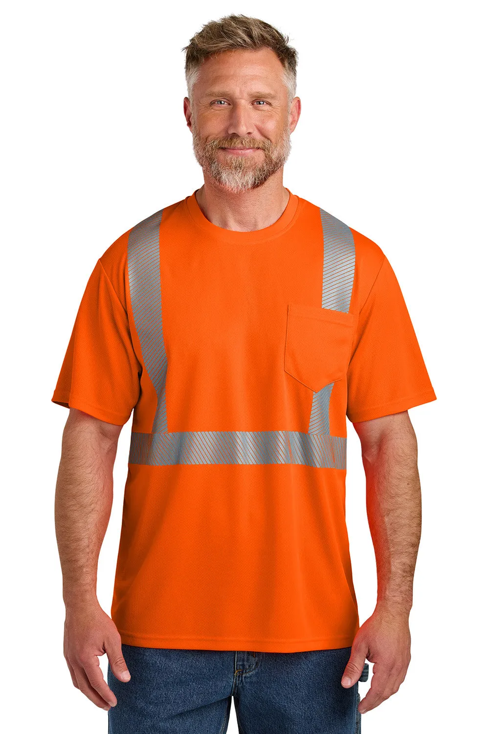 CornerStone Mens ANSI 107 Class 2 Moisture Wicking Short Sleeve Crewneck T-Shirt w/ Pocket - Safety Orange  Cheaper Clothing Cornerstone