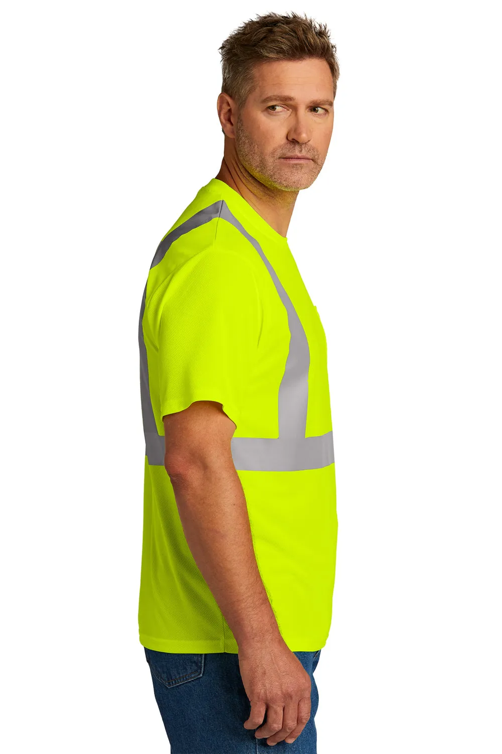 CornerStone Mens ANSI 107 Class 2 Moisture Wicking Short Sleeve Crewneck T-Shirt w/ Pocket - Safety Yellow  Cheaper Clothing Cornerstone