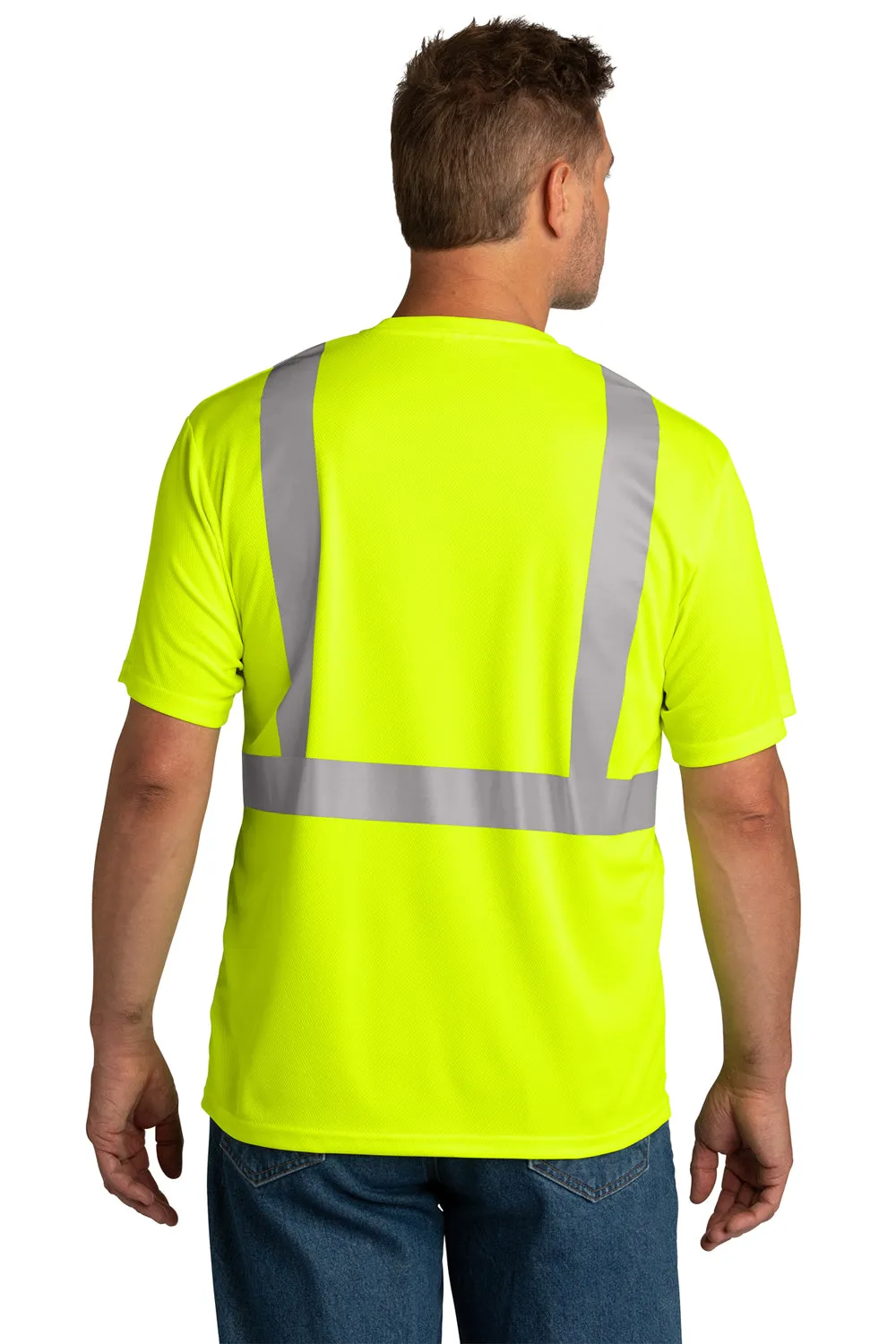 CornerStone Mens ANSI 107 Class 2 Moisture Wicking Short Sleeve Crewneck T-Shirt w/ Pocket - Safety Yellow  Cheaper Clothing Cornerstone