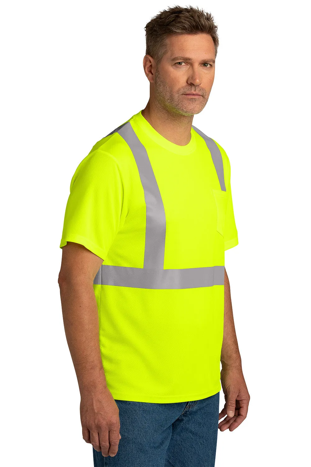 CornerStone Mens ANSI 107 Class 2 Moisture Wicking Short Sleeve Crewneck T-Shirt w/ Pocket - Safety Yellow  Cheaper Clothing Cornerstone