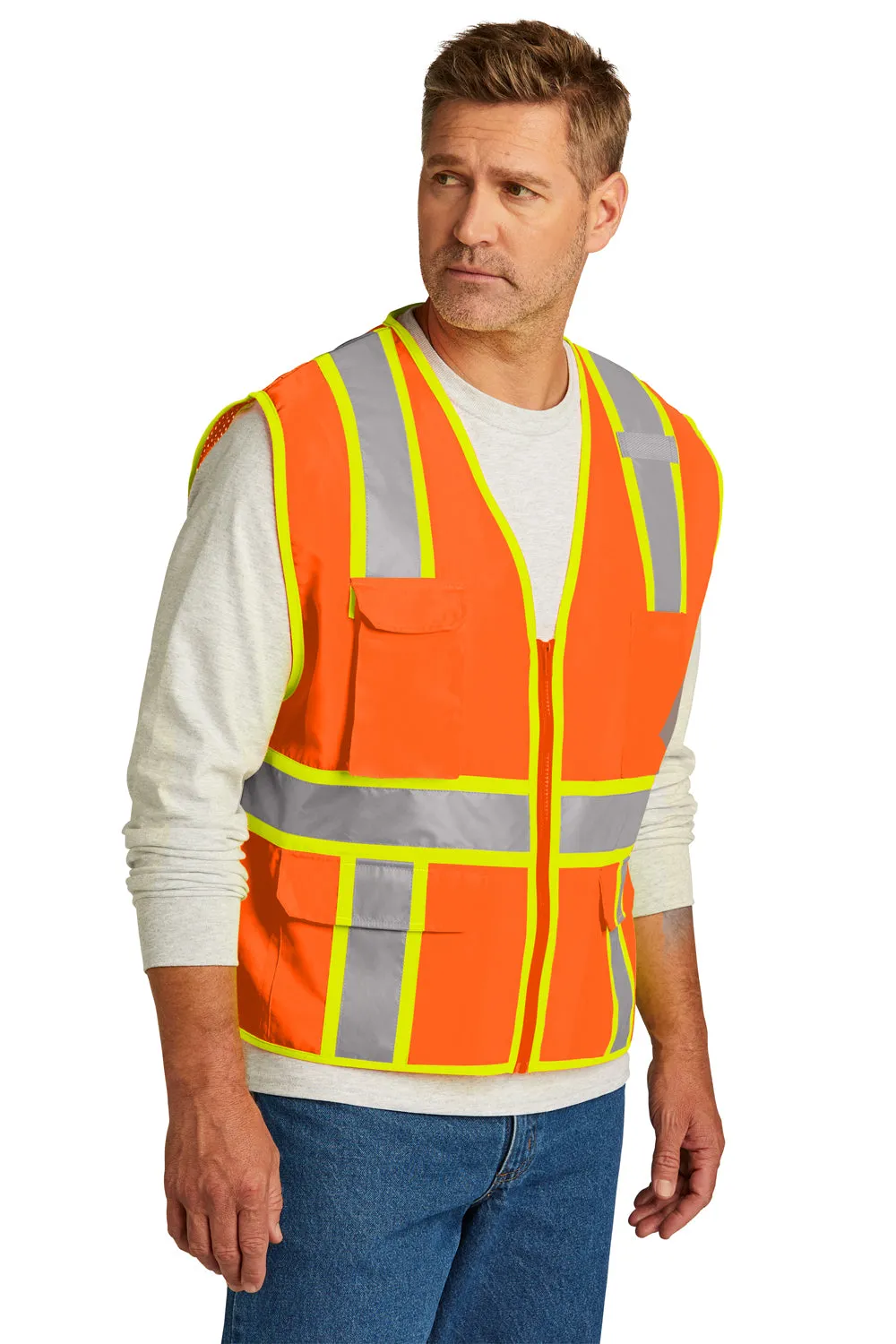 CornerStone Mens ANSI 107 Class 2 Surveyor Zipper Vest w/ Pocket - Safety Orange  Cheaper Clothing Cornerstone