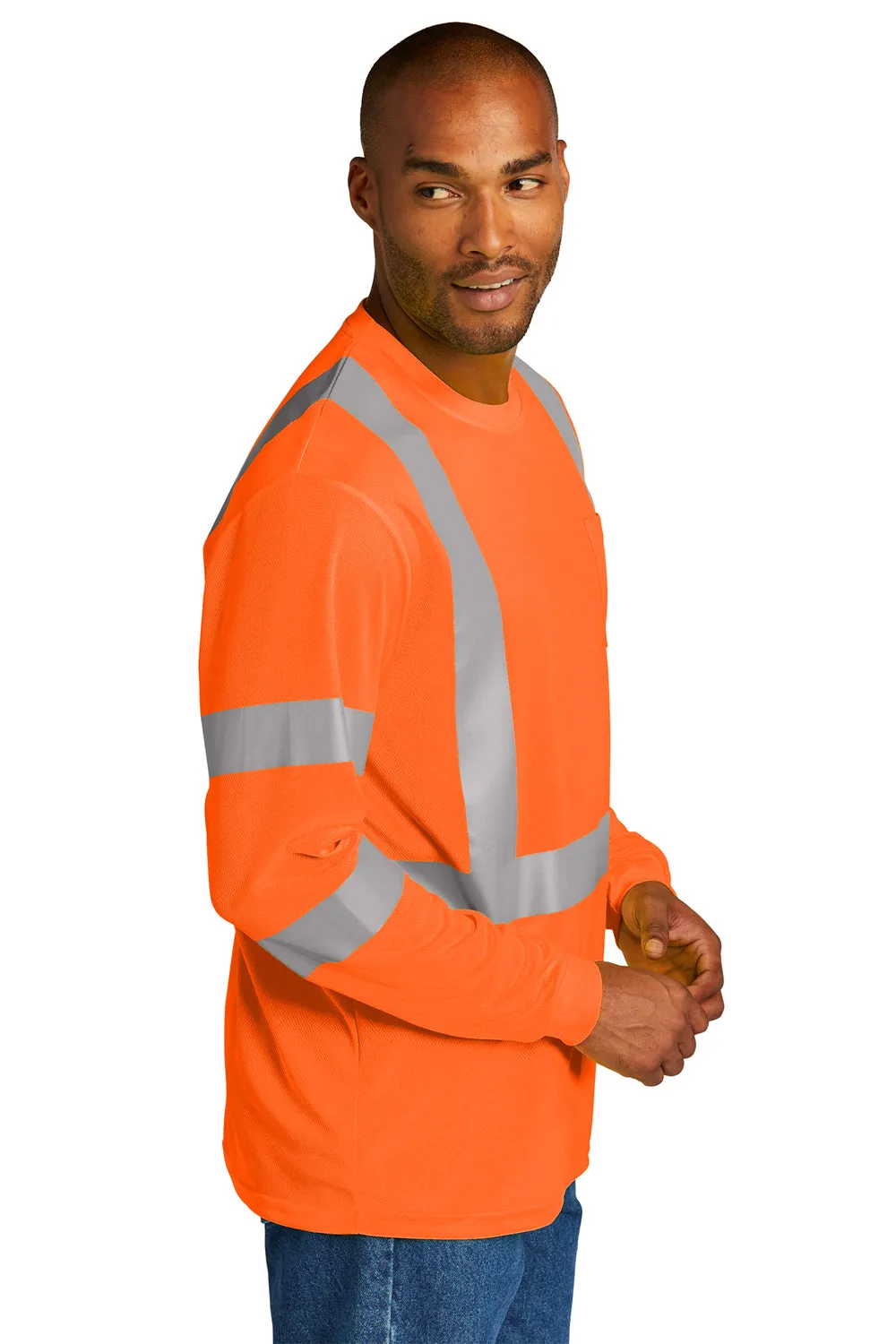 CornerStone Mens ANSI 107 Class 3 Moisture Wicking Long Sleeve Crewneck T-Shirt w/ Pocket - Safety Orange  Cheaper Clothing Cornerstone