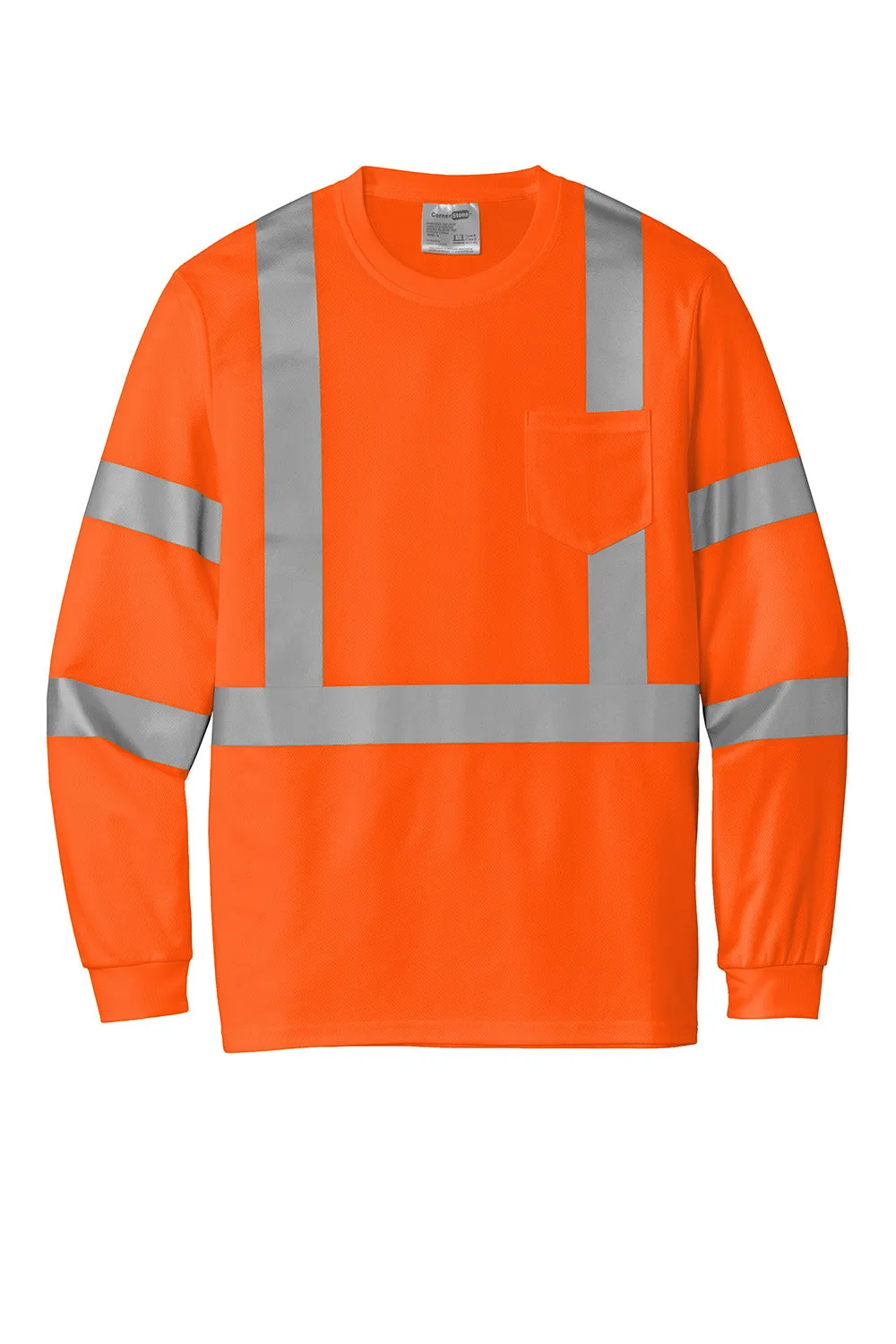 CornerStone Mens ANSI 107 Class 3 Moisture Wicking Long Sleeve Crewneck T-Shirt w/ Pocket - Safety Orange  Cheaper Clothing Cornerstone