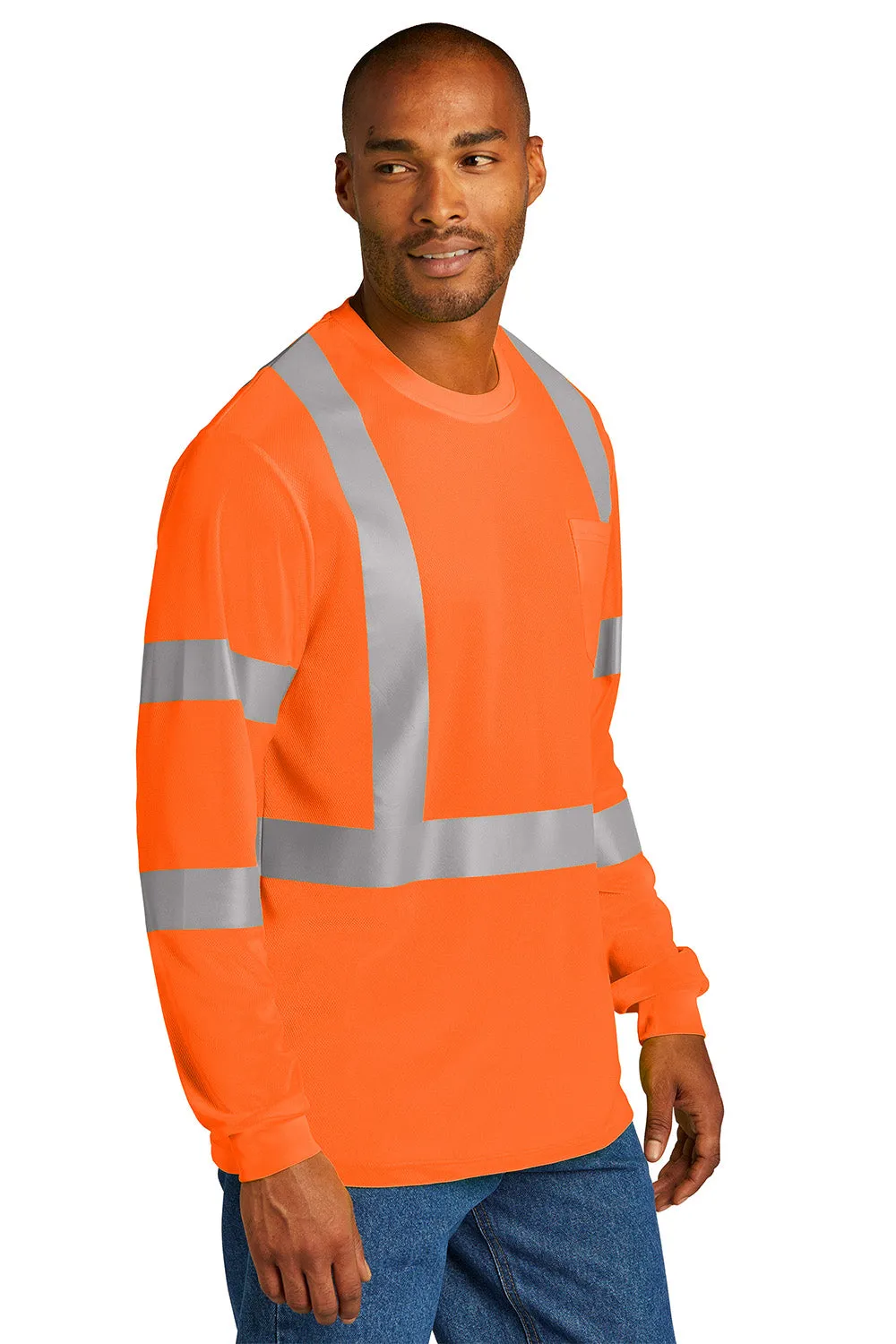 CornerStone Mens ANSI 107 Class 3 Moisture Wicking Long Sleeve Crewneck T-Shirt w/ Pocket - Safety Orange  Cheaper Clothing Cornerstone