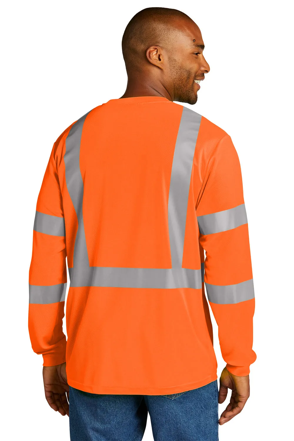 CornerStone Mens ANSI 107 Class 3 Moisture Wicking Long Sleeve Crewneck T-Shirt w/ Pocket - Safety Orange  Cheaper Clothing Cornerstone