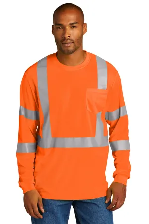 CornerStone Mens ANSI 107 Class 3 Moisture Wicking Long Sleeve Crewneck T-Shirt w/ Pocket - Safety Orange  Cheaper Clothing Cornerstone