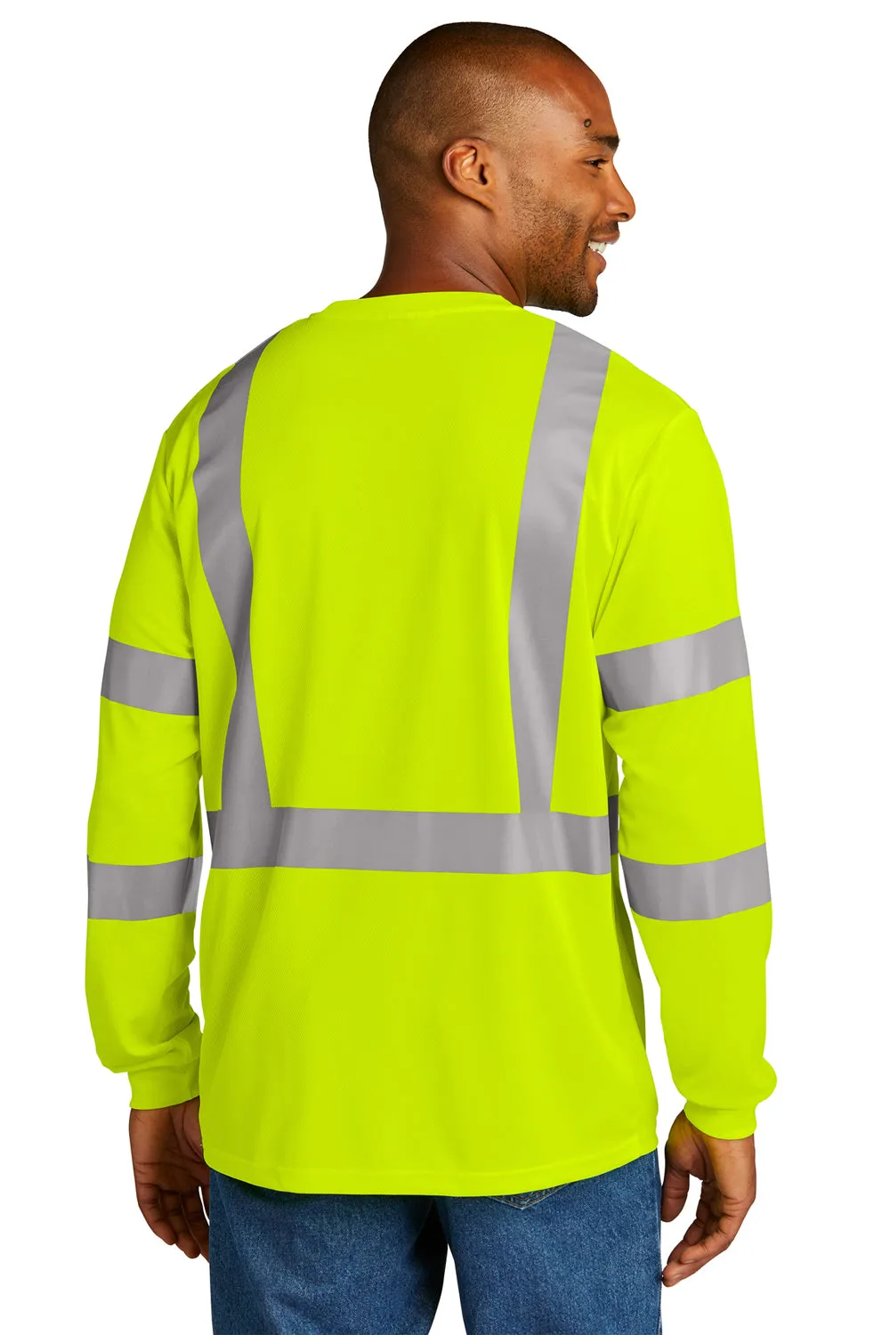CornerStone Mens ANSI 107 Class 3 Moisture Wicking Long Sleeve Crewneck T-Shirt w/ Pocket - Safety Yellow  Cheaper Clothing Cornerstone