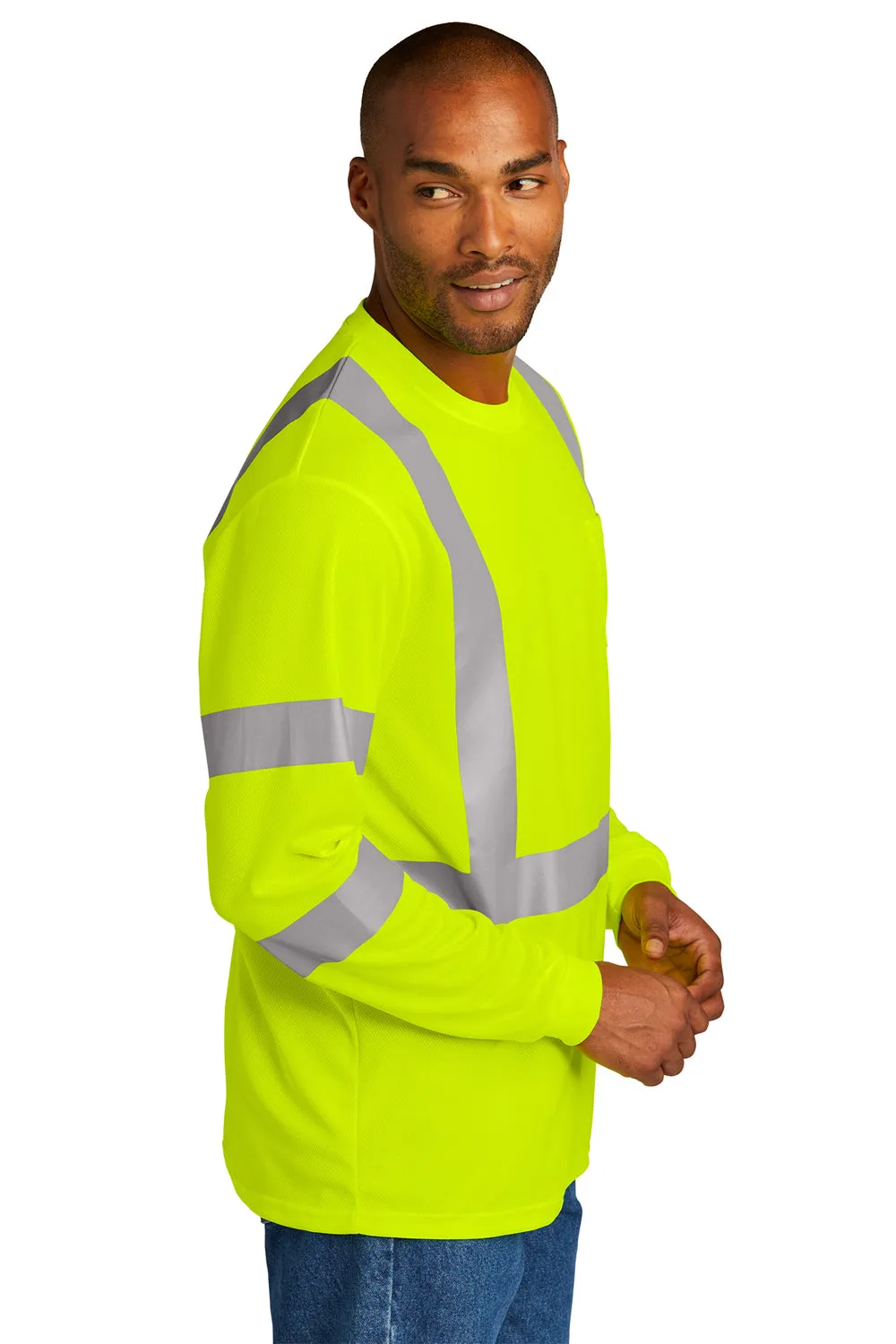 CornerStone Mens ANSI 107 Class 3 Moisture Wicking Long Sleeve Crewneck T-Shirt w/ Pocket - Safety Yellow  Cheaper Clothing Cornerstone