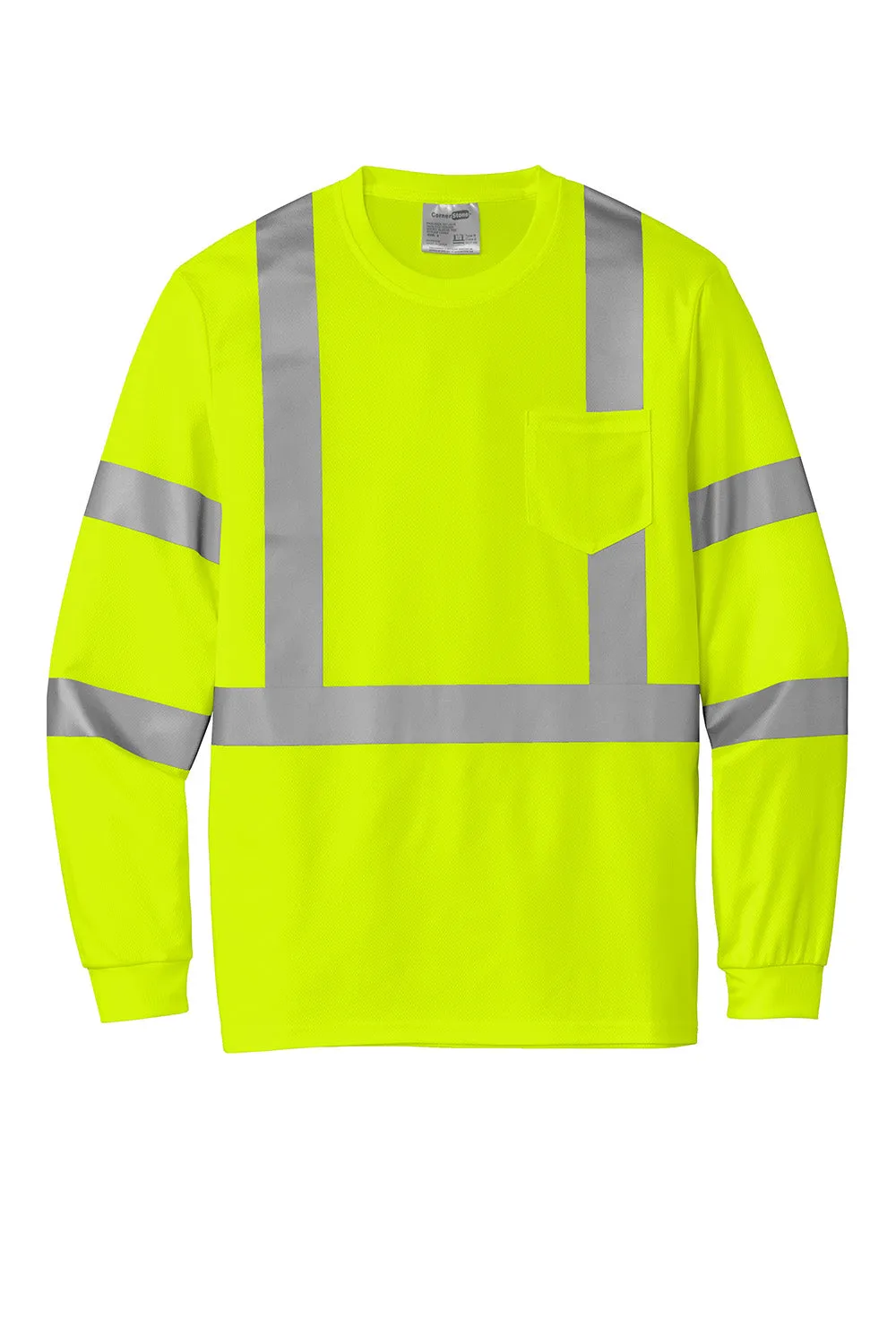 CornerStone Mens ANSI 107 Class 3 Moisture Wicking Long Sleeve Crewneck T-Shirt w/ Pocket - Safety Yellow  Cheaper Clothing Cornerstone