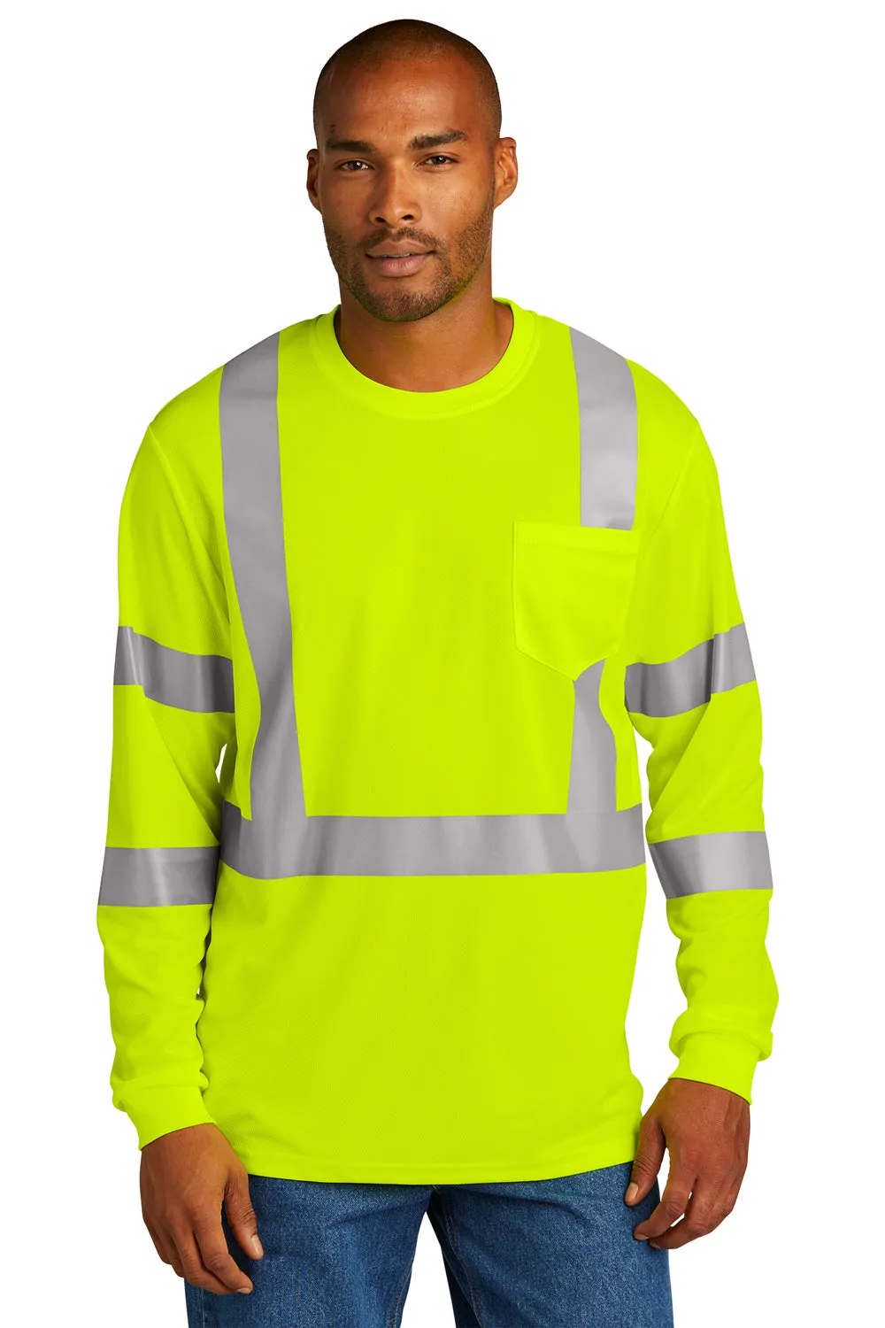 CornerStone Mens ANSI 107 Class 3 Moisture Wicking Long Sleeve Crewneck T-Shirt w/ Pocket - Safety Yellow  Cheaper Clothing Cornerstone