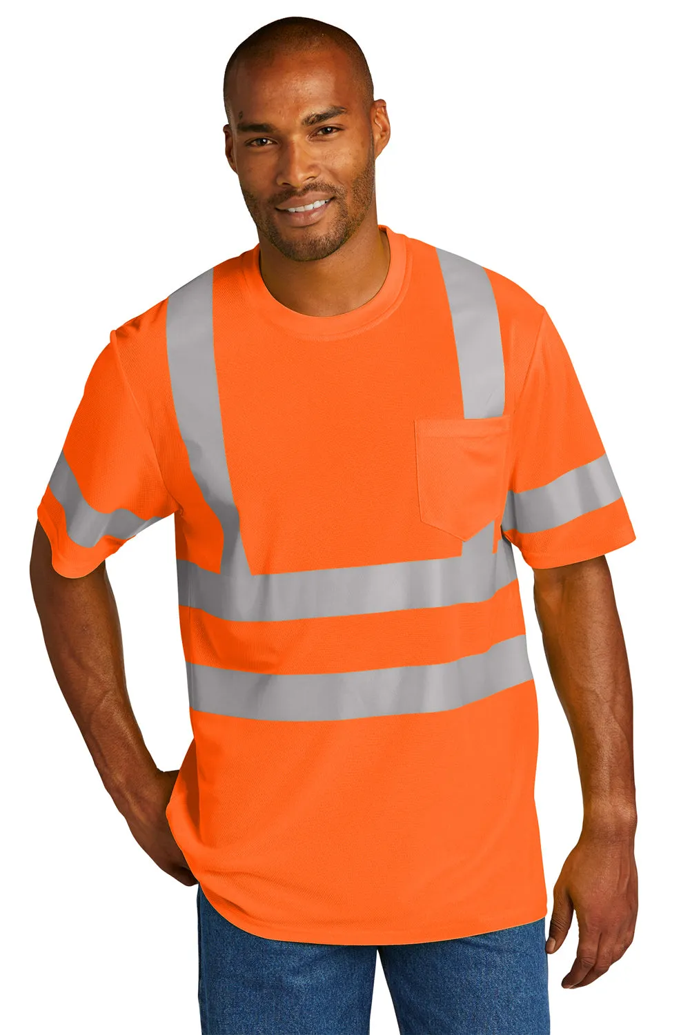 CornerStone Mens ANSI 107 Class 3 Moisture Wicking Short Sleeve Crewneck T-Shirt w/ Pocket - Safety Orange  Cheaper Clothing Cornerstone