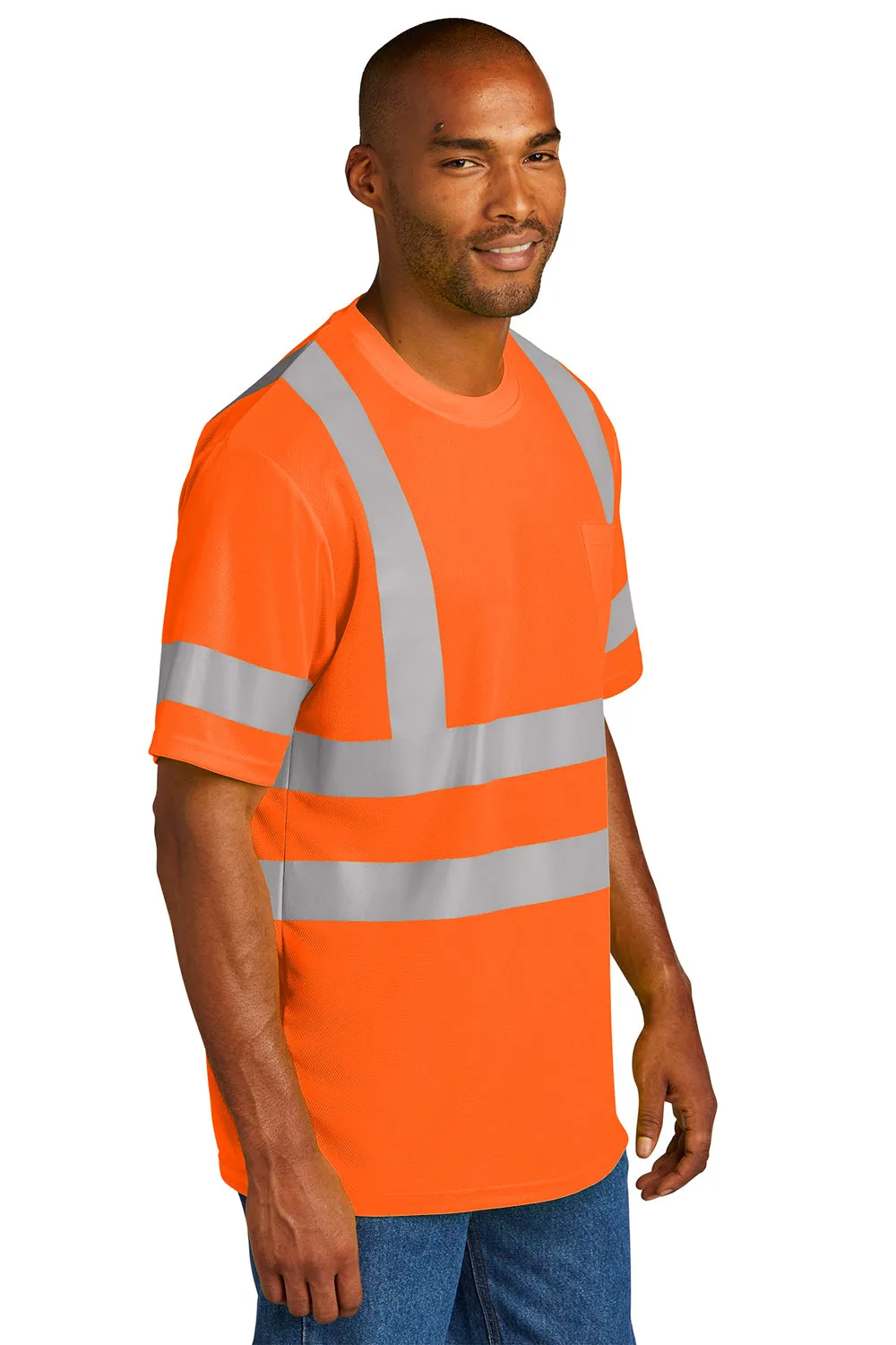 CornerStone Mens ANSI 107 Class 3 Moisture Wicking Short Sleeve Crewneck T-Shirt w/ Pocket - Safety Orange  Cheaper Clothing Cornerstone