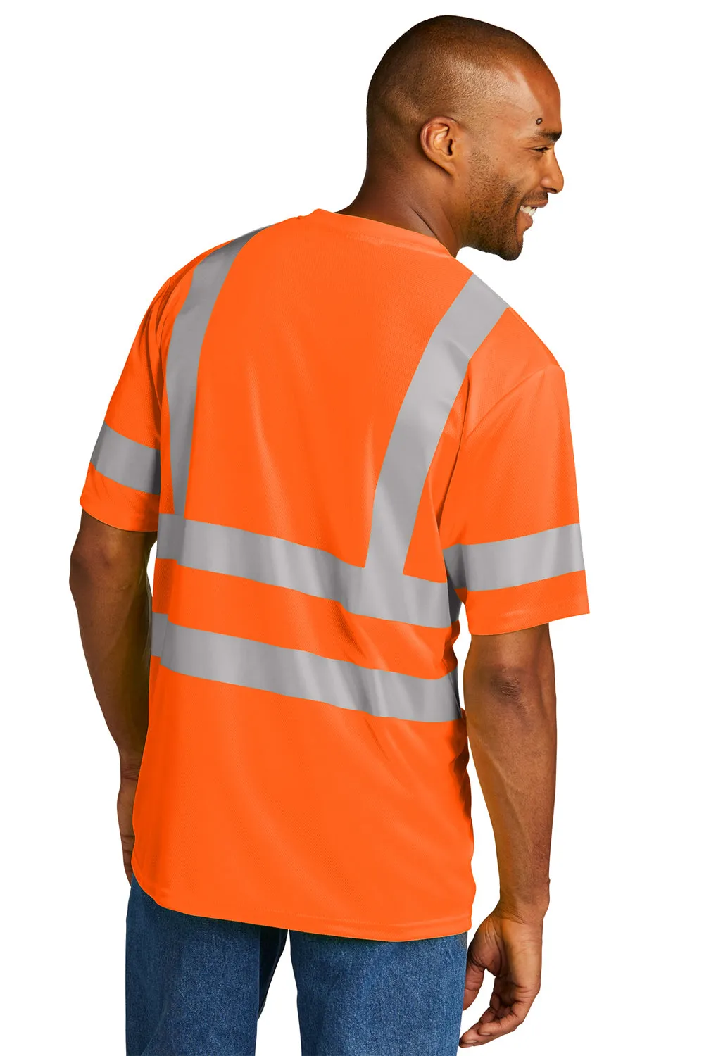 CornerStone Mens ANSI 107 Class 3 Moisture Wicking Short Sleeve Crewneck T-Shirt w/ Pocket - Safety Orange  Cheaper Clothing Cornerstone