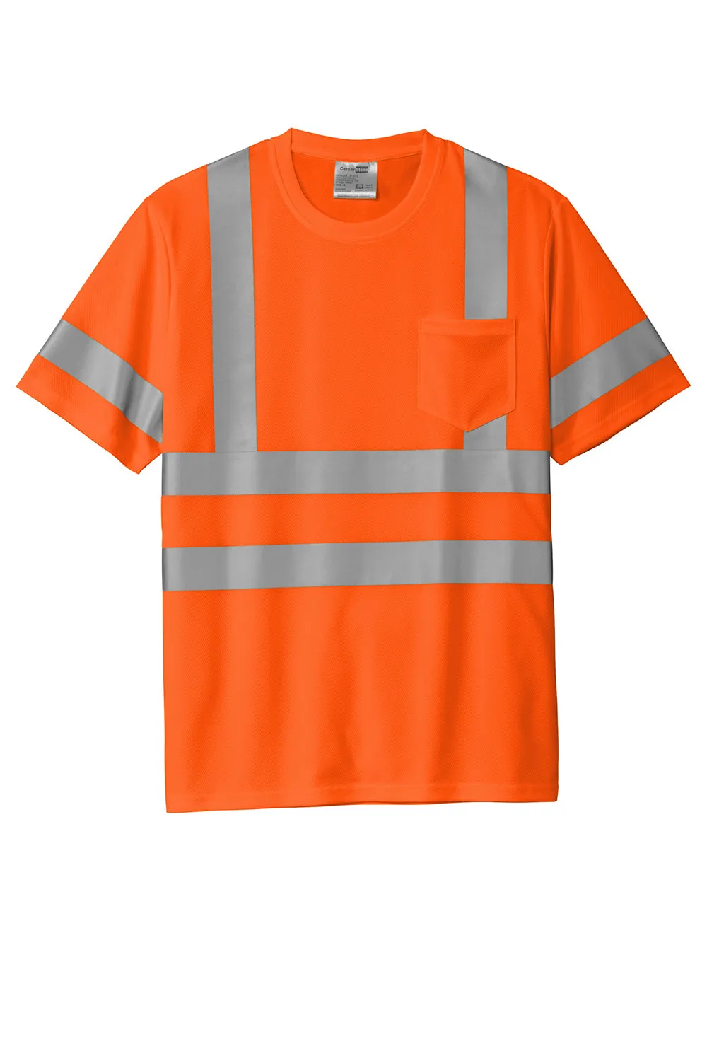 CornerStone Mens ANSI 107 Class 3 Moisture Wicking Short Sleeve Crewneck T-Shirt w/ Pocket - Safety Orange  Cheaper Clothing Cornerstone