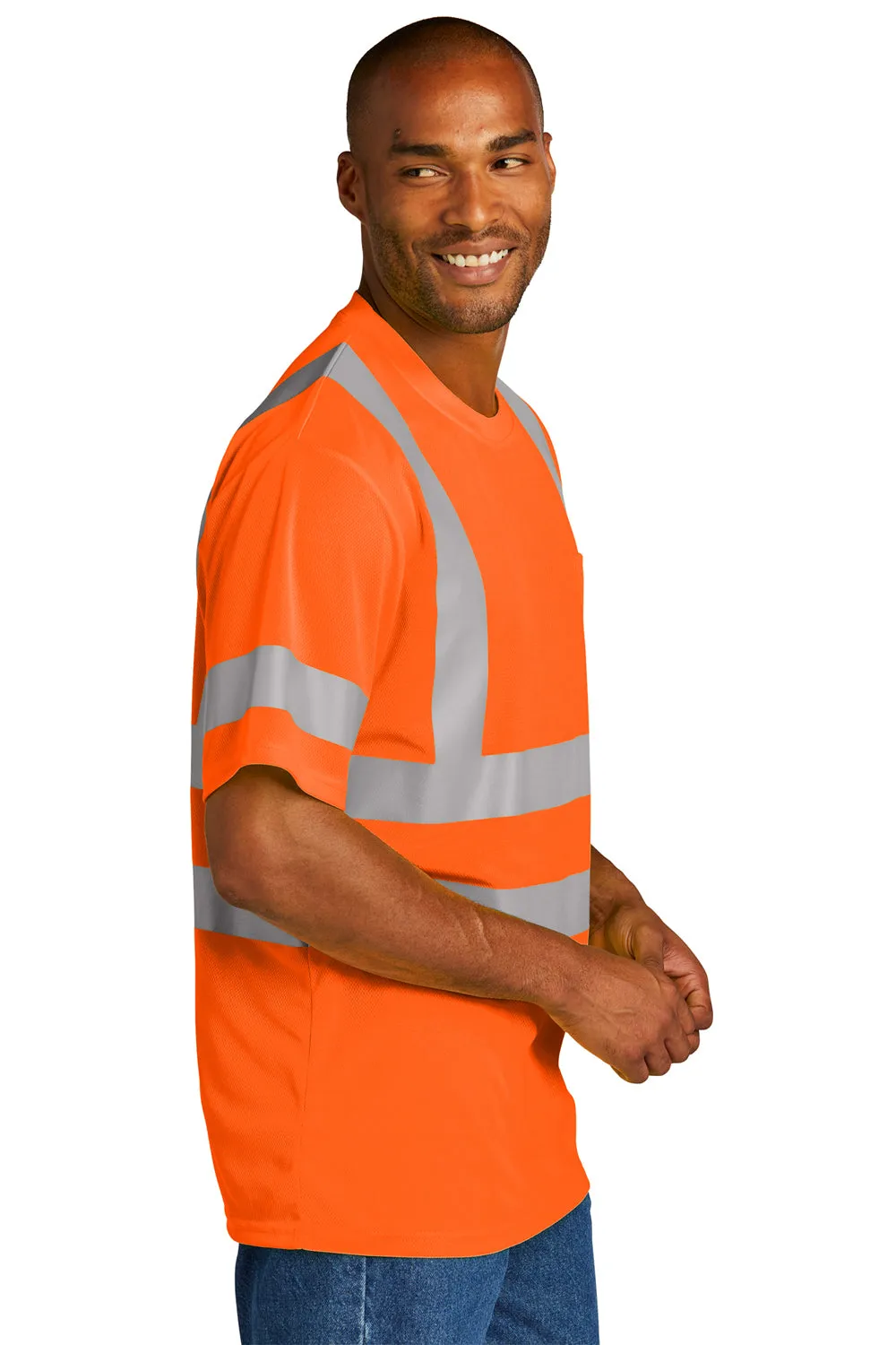CornerStone Mens ANSI 107 Class 3 Moisture Wicking Short Sleeve Crewneck T-Shirt w/ Pocket - Safety Orange  Cheaper Clothing Cornerstone
