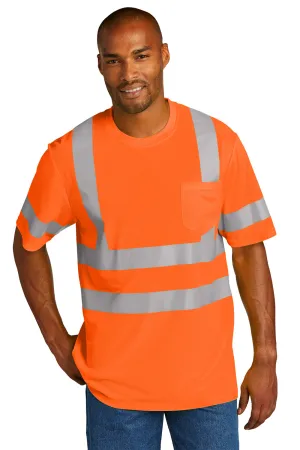 CornerStone Mens ANSI 107 Class 3 Moisture Wicking Short Sleeve Crewneck T-Shirt w/ Pocket - Safety Orange  Cheaper Clothing Cornerstone