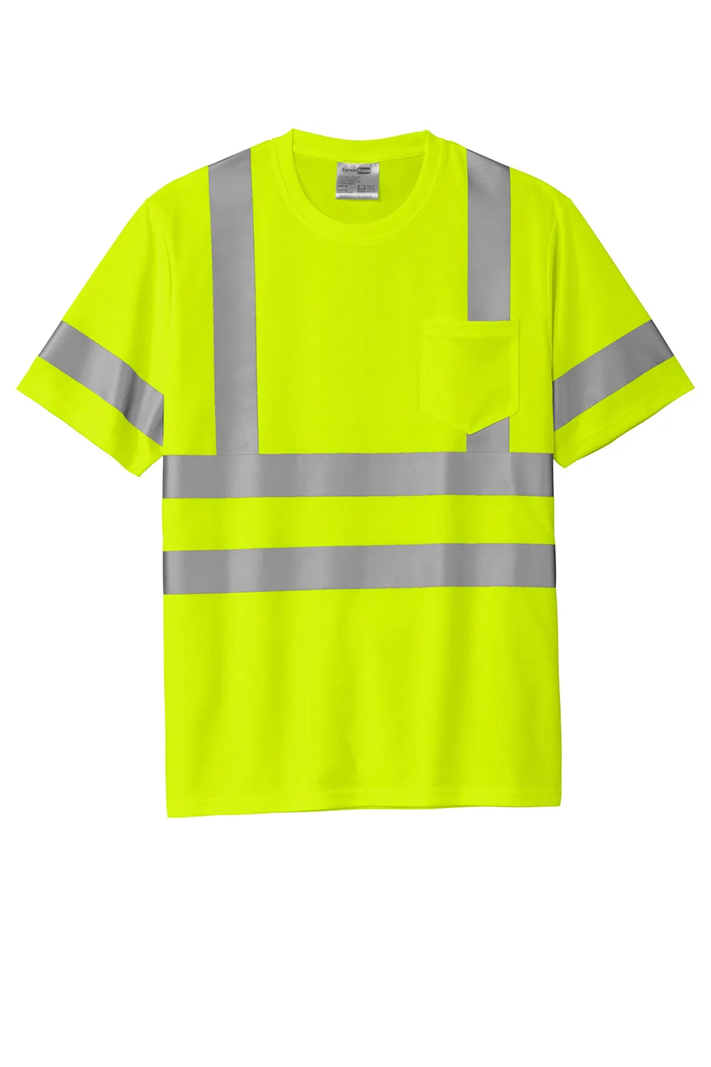 CornerStone Mens ANSI 107 Class 3 Moisture Wicking Short Sleeve Crewneck T-Shirt w/ Pocket - Safety Yellow  Cheaper Clothing Cornerstone