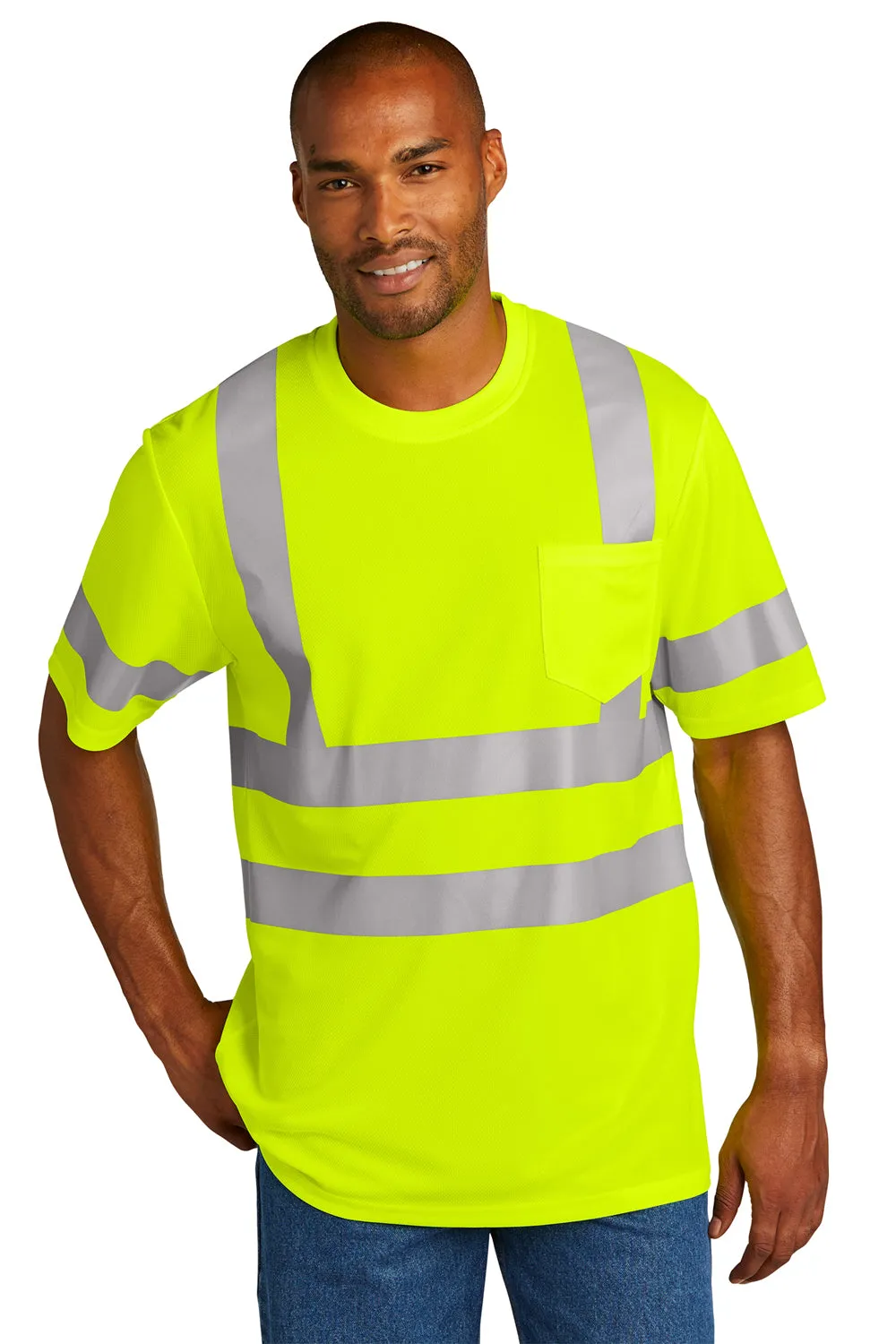 CornerStone Mens ANSI 107 Class 3 Moisture Wicking Short Sleeve Crewneck T-Shirt w/ Pocket - Safety Yellow  Cheaper Clothing Cornerstone