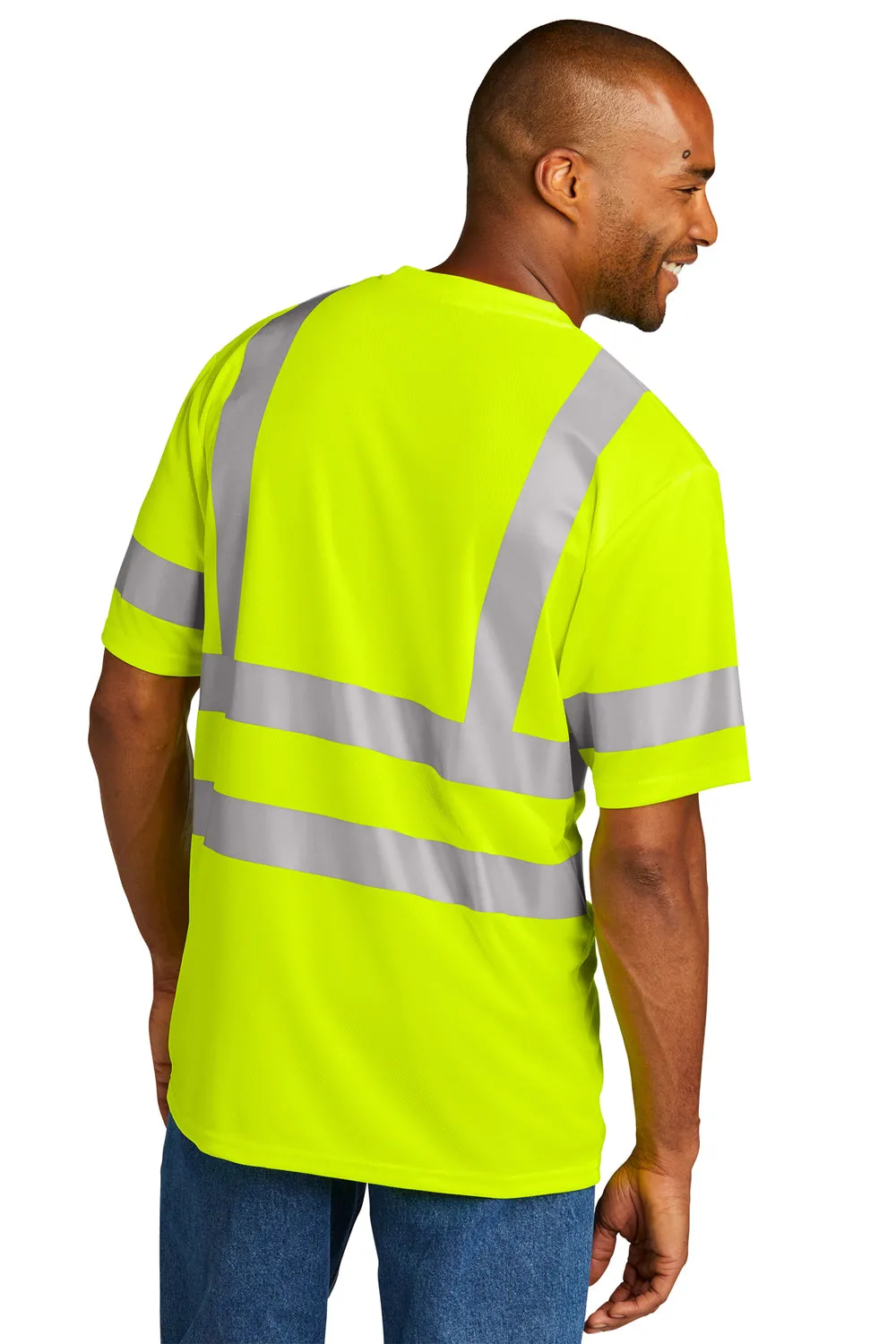 CornerStone Mens ANSI 107 Class 3 Moisture Wicking Short Sleeve Crewneck T-Shirt w/ Pocket - Safety Yellow  Cheaper Clothing Cornerstone