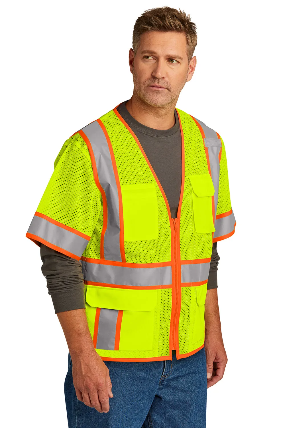 CornerStone Mens ANSI 107 Class 3 Surveyor Mesh Zipper Vest w/ Pocket - Safety Yellow  Cheaper Clothing Cornerstone