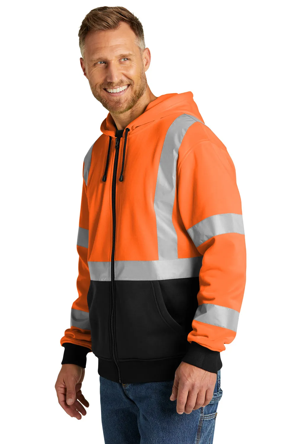 CornerStone Mens Enhanced Visibility Fleece Full Zip Hooded Sweatshirt Hoodie w/ Pockets - Safety Orange  Cheaper Clothing Cornerstone