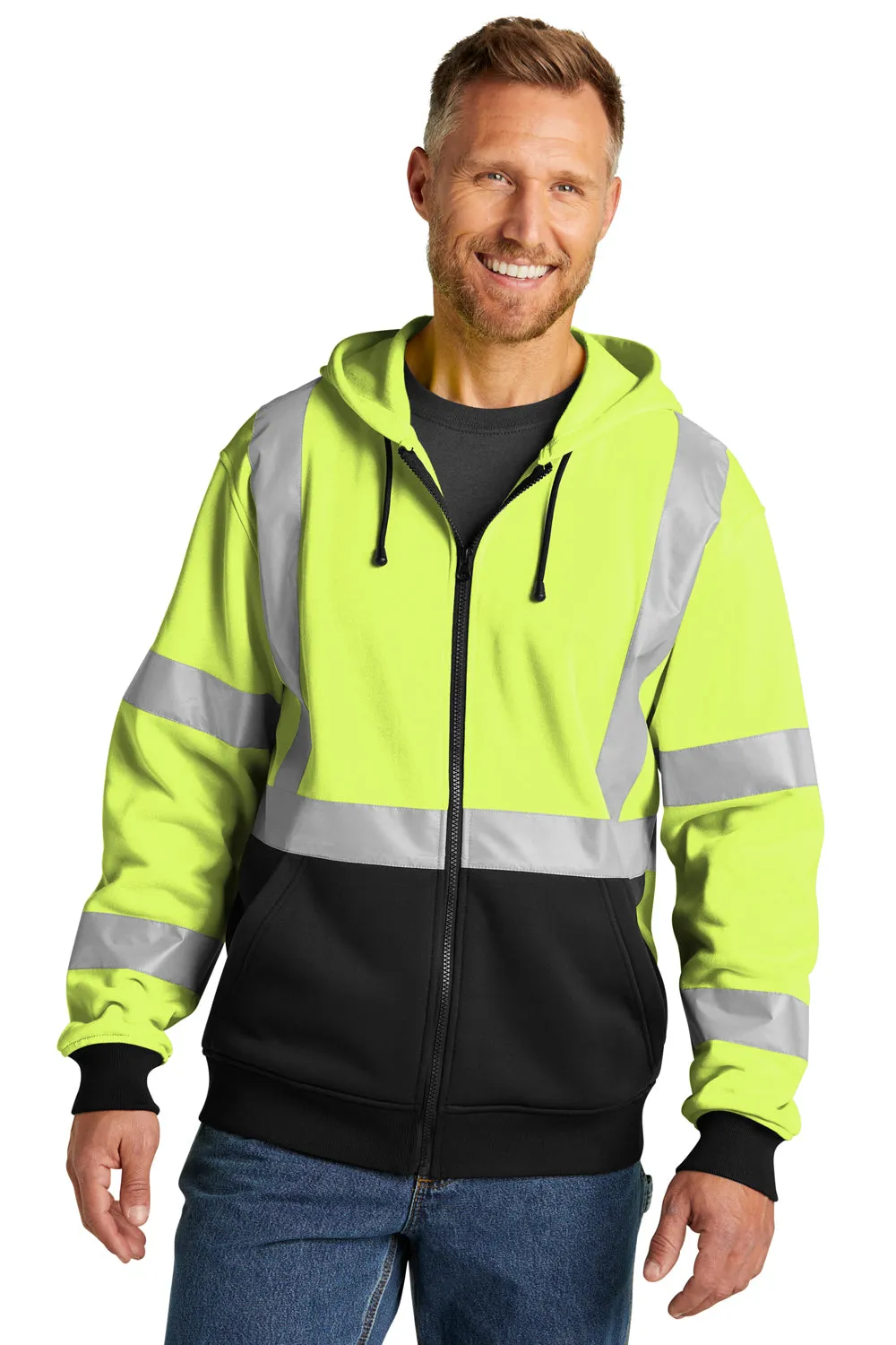 CornerStone Mens Enhanced Visibility Fleece Full Zip Hooded Sweatshirt Hoodie w/ Pockets - Safety Yellow  Cheaper Clothing Cornerstone