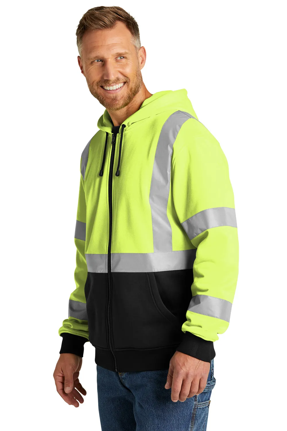 CornerStone Mens Enhanced Visibility Fleece Full Zip Hooded Sweatshirt Hoodie w/ Pockets - Safety Yellow  Cheaper Clothing Cornerstone