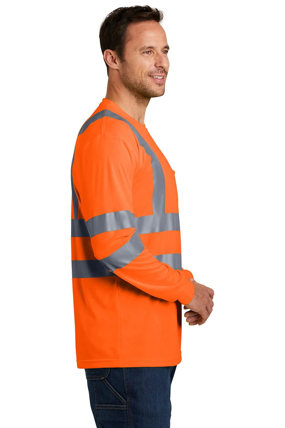 CornerStone Mens Moisture Wicking Long Sleeve Crewneck T-Shirt w/ Pocket - Safety Orange  Cheaper Clothing Cornerstone