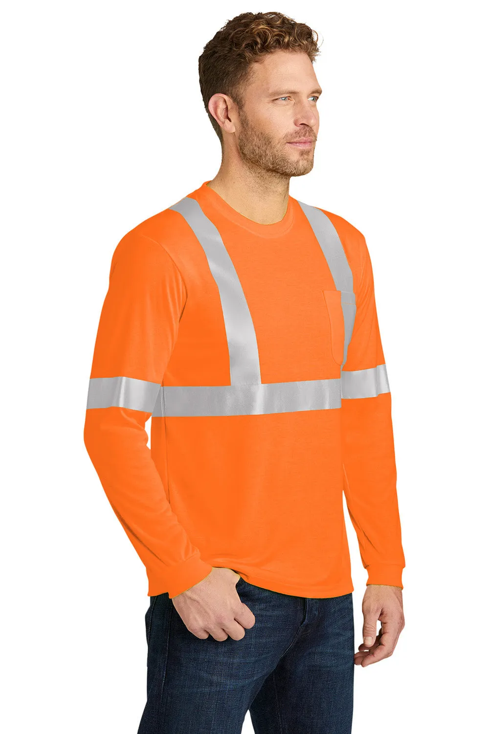 CornerStone Mens Moisture Wicking Long Sleeve Crewneck T-Shirt w/ Pocket - Safety Orange  Cheaper Clothing Cornerstone