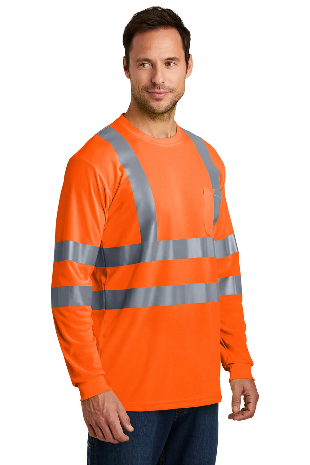 CornerStone Mens Moisture Wicking Long Sleeve Crewneck T-Shirt w/ Pocket - Safety Orange  Cheaper Clothing Cornerstone