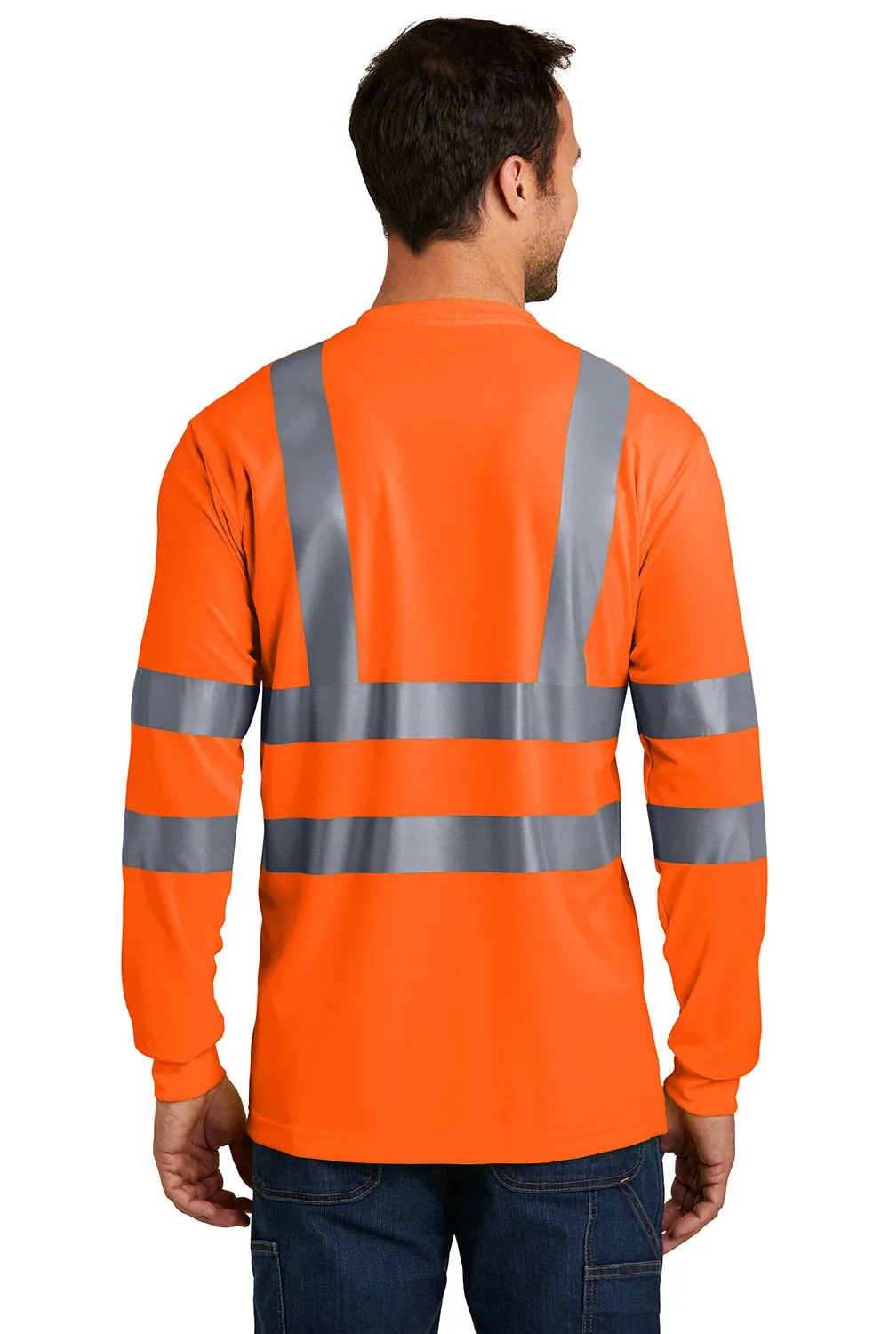 CornerStone Mens Moisture Wicking Long Sleeve Crewneck T-Shirt w/ Pocket - Safety Orange  Cheaper Clothing Cornerstone