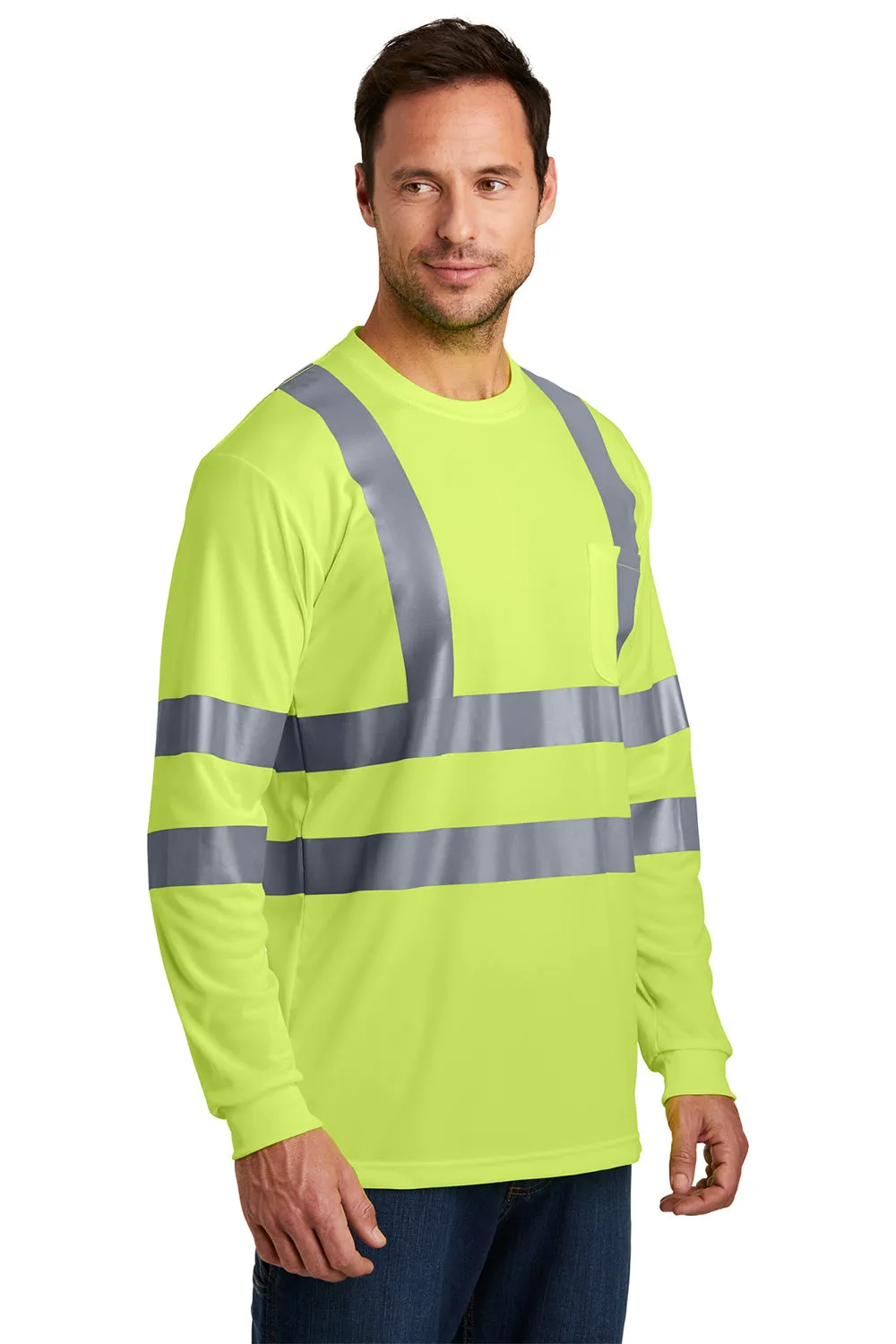 CornerStone Mens Moisture Wicking Long Sleeve Crewneck T-Shirt w/ Pocket - Safety Yellow  Cheaper Clothing Cornerstone