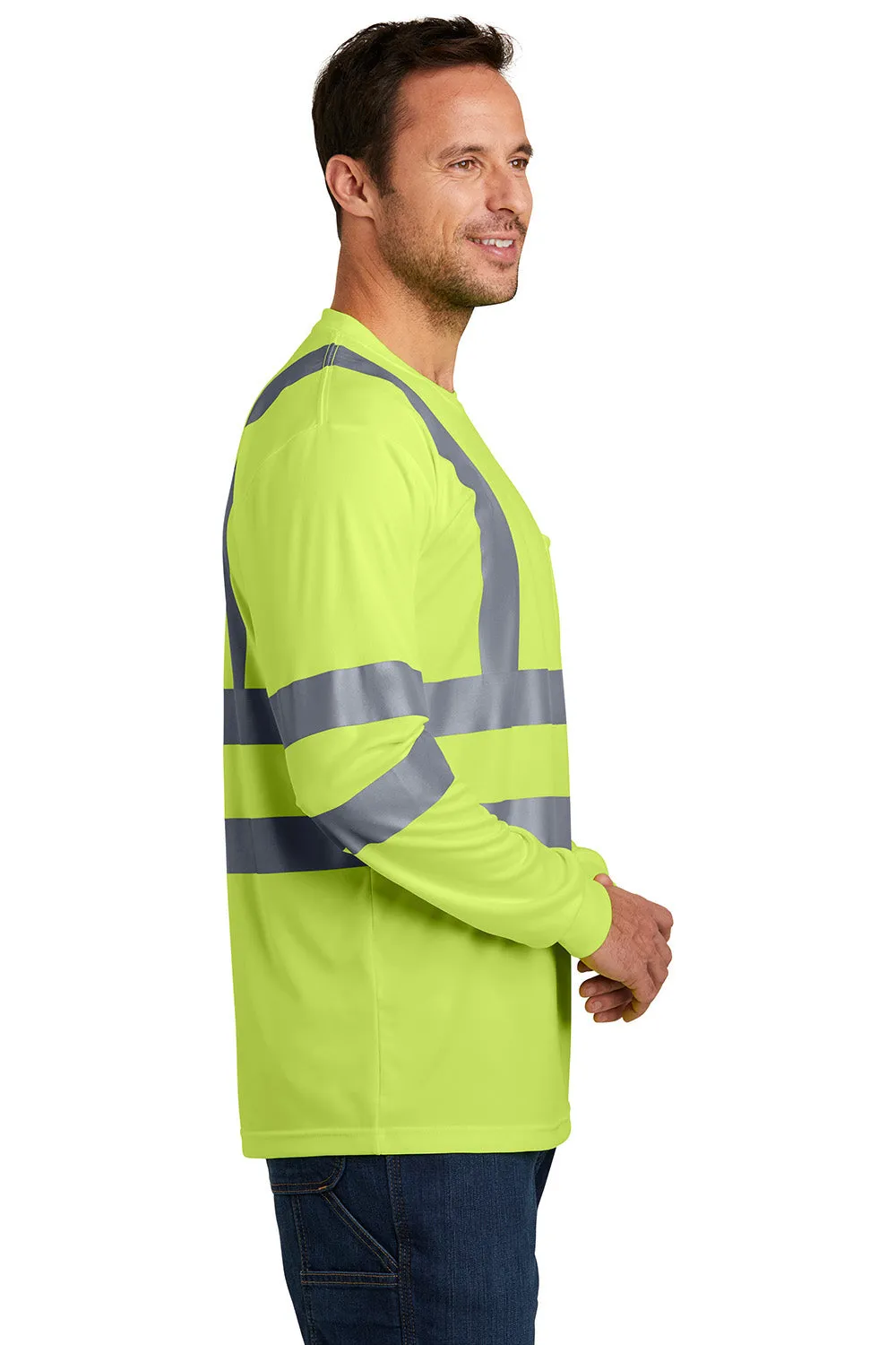 CornerStone Mens Moisture Wicking Long Sleeve Crewneck T-Shirt w/ Pocket - Safety Yellow  Cheaper Clothing Cornerstone