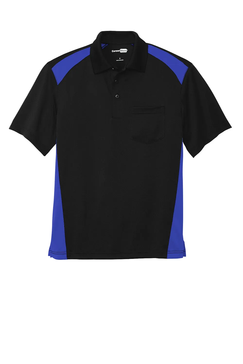 CornerStone Mens Select Moisture Wicking Short Sleeve Polo Shirt w/ Pocket - Black/Royal Blue  Cheaper Clothing Cornerstone